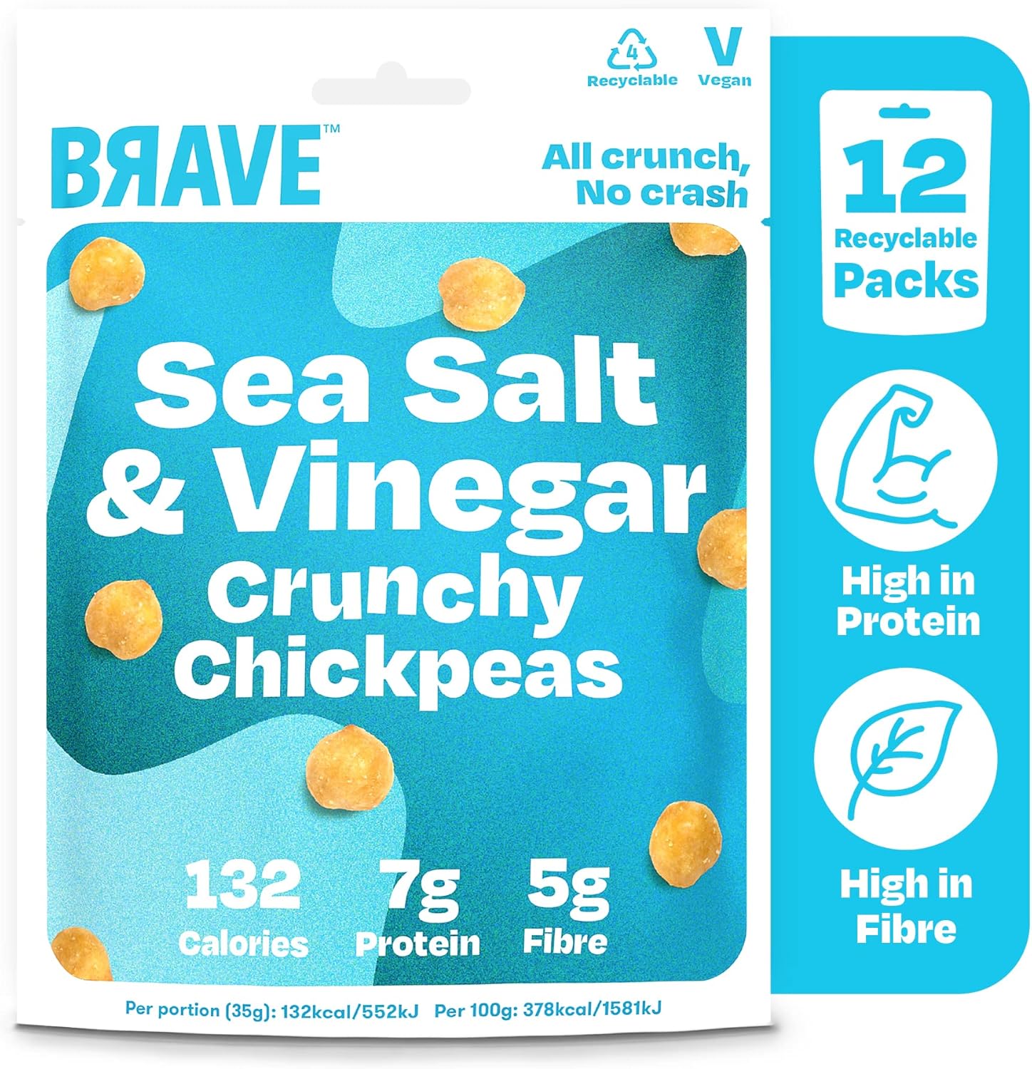 BRAVE Roasted Chickpeas - Healthy Snack, High Protein, Low Calorie (35 g (Pack of 12), Salt & Vinegar)