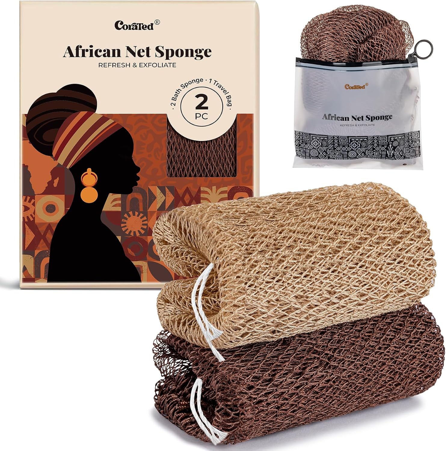 CORATED African Net Sponge Authentic, Shower Loofah Exfoliating Bath Sponge