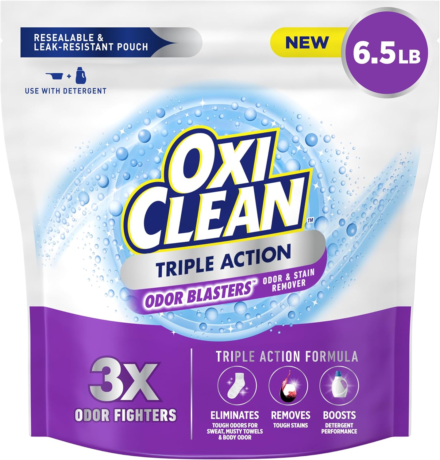 OxiClean Triple Action Odor Blasters Odor and Stain Remover Powder, Use with Detergent, Eliminates Tough Odors and Removes Stains, Color Safe and Chlorine Free, 6.5 lbs