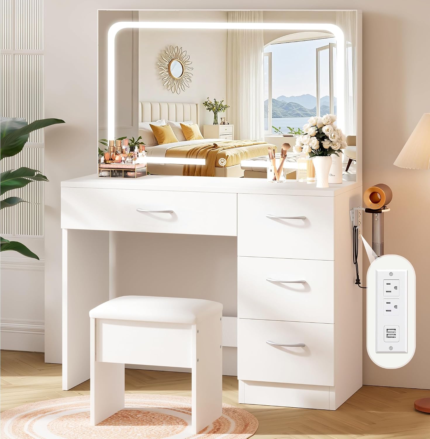 LIVELYGLOW 35.4" White Vanity Desk Set with Full-Width LED Mirror & Stool
