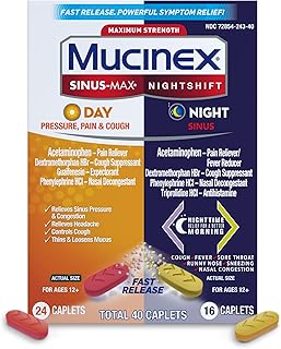 Mucinex Sinus-Max Day Pressure, Pain & Cough & Nightshift Night Sinus Medicine for Adults, Day/Night Combo Pack for Sore Throat Relief, Nasal Congestion Relief, Cough & Cold Medicines, 40 Caplets