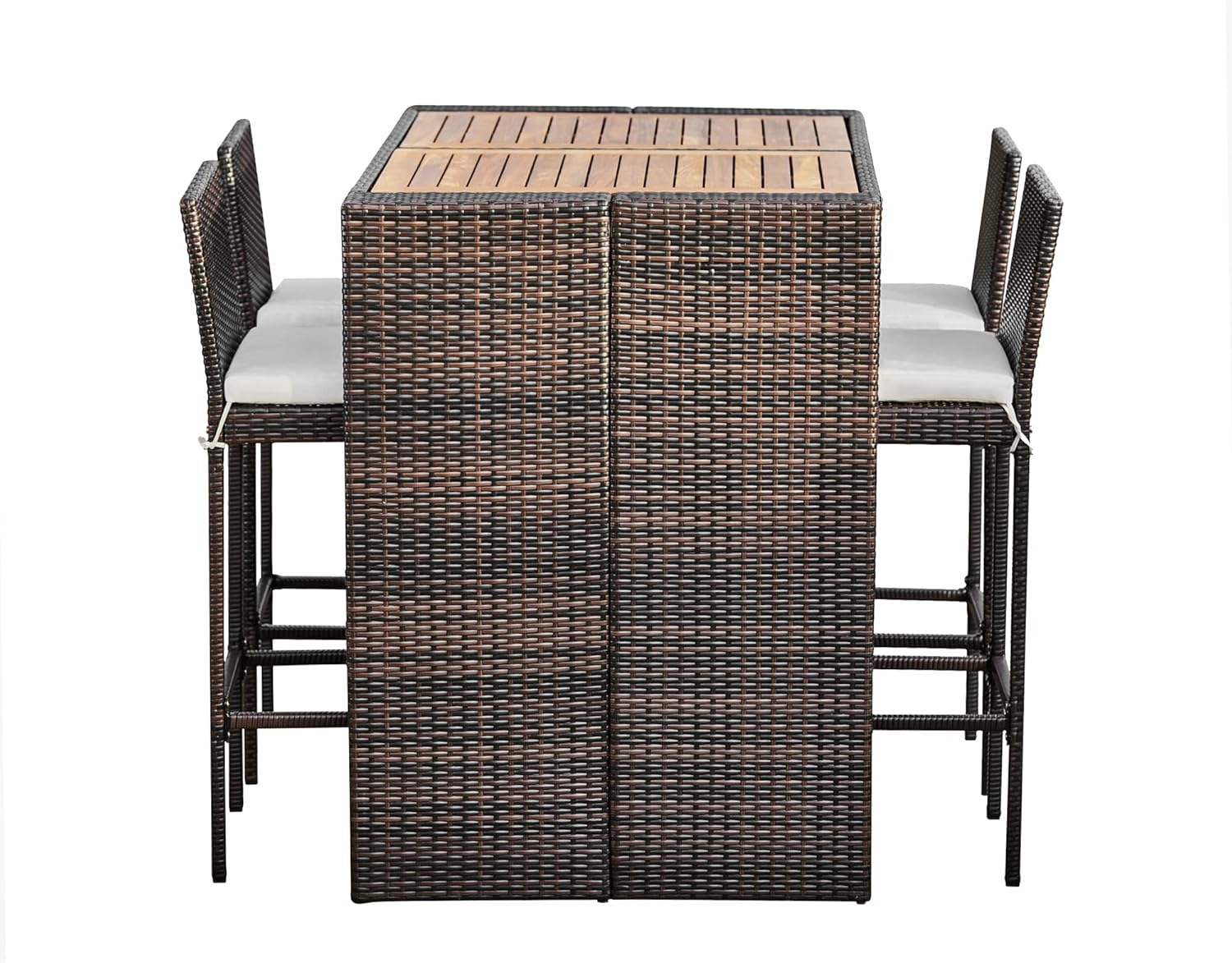 Teamson Home 5 Piece Patio Dining Table and Chair Set, 4 Seater High Bar Dining Set, Rattan Garden Furniture, Weather Resistant, Removeable Cushions, Brown