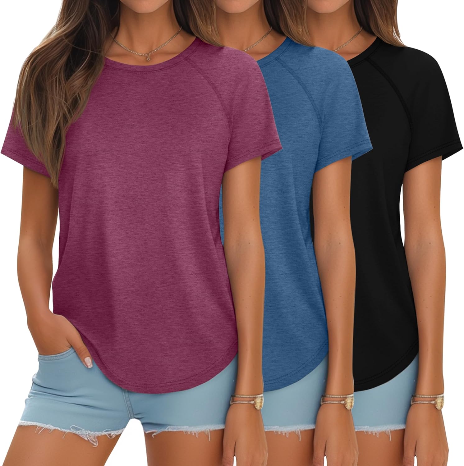 Ficerd 3 Pcs Women Short Sleeve Shirts Curved Hem Top Round Neck Tunics Side Split Summer for Women
