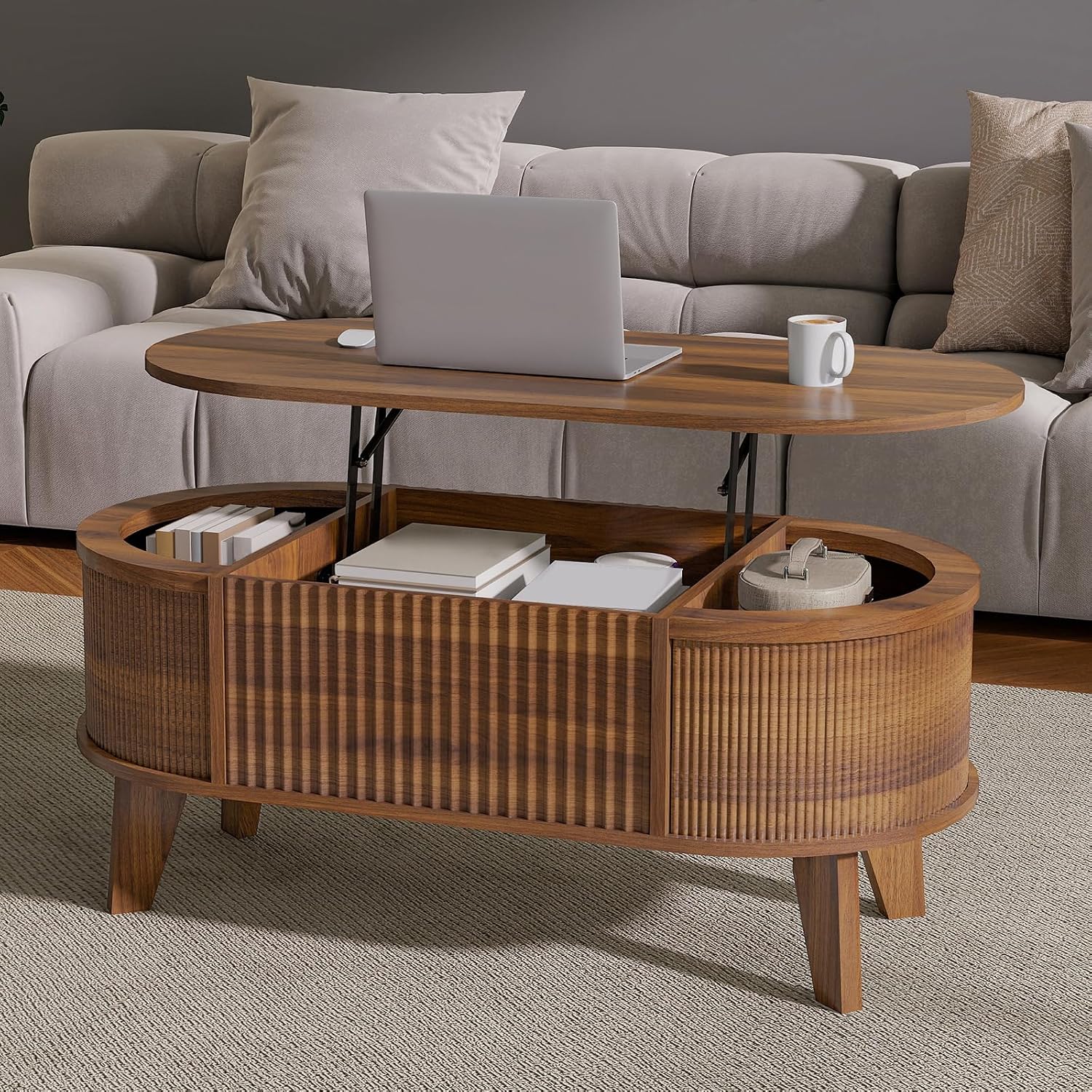 LYNCOHOME 43.3'' Fluted Lift Top Coffee Table with Storage,Modern Oval Coffee Table for Living Room or Home Office(Walnut)