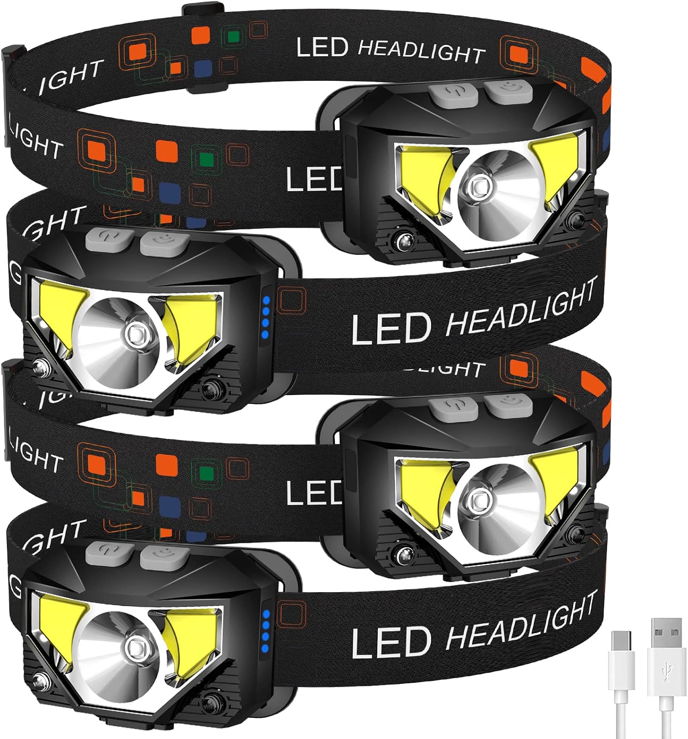 LHKNL Headlamp Flashlight, Lumen Bright Head Lamps LED Rechargeable Camping | 4-Pack Ultra-Light, with White Red Light, Waterproof Motion Sensor Headlight, 8 Modes for Outdoor Running Hiking Fishing