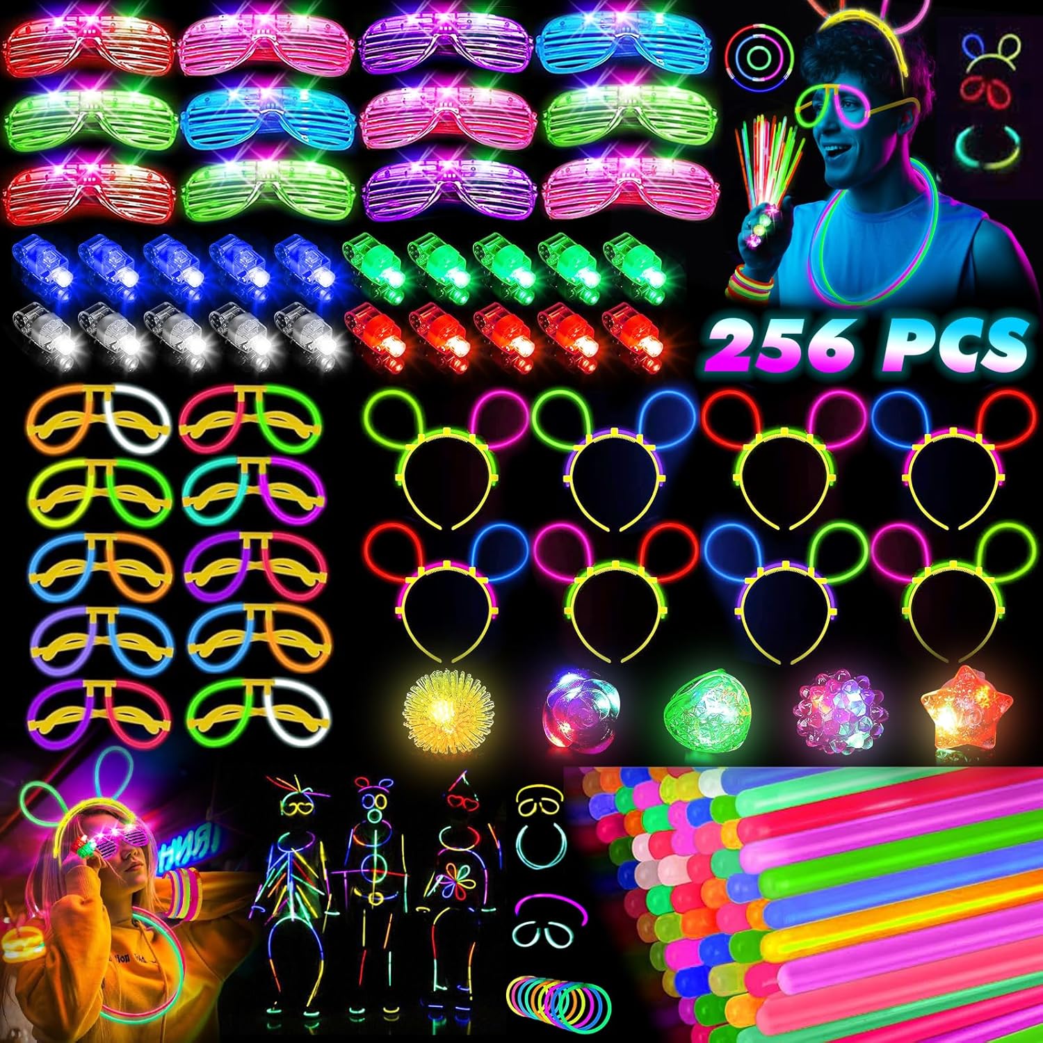 Glow in the Dark Supplies for Kids Adults, Light Up Party Favors, 56 LED Light Up Toys, 100 Glow Sticks Bulk Party Pack DIY Glasses Headbands Necklaces for Neon Party Supplies & Decorations