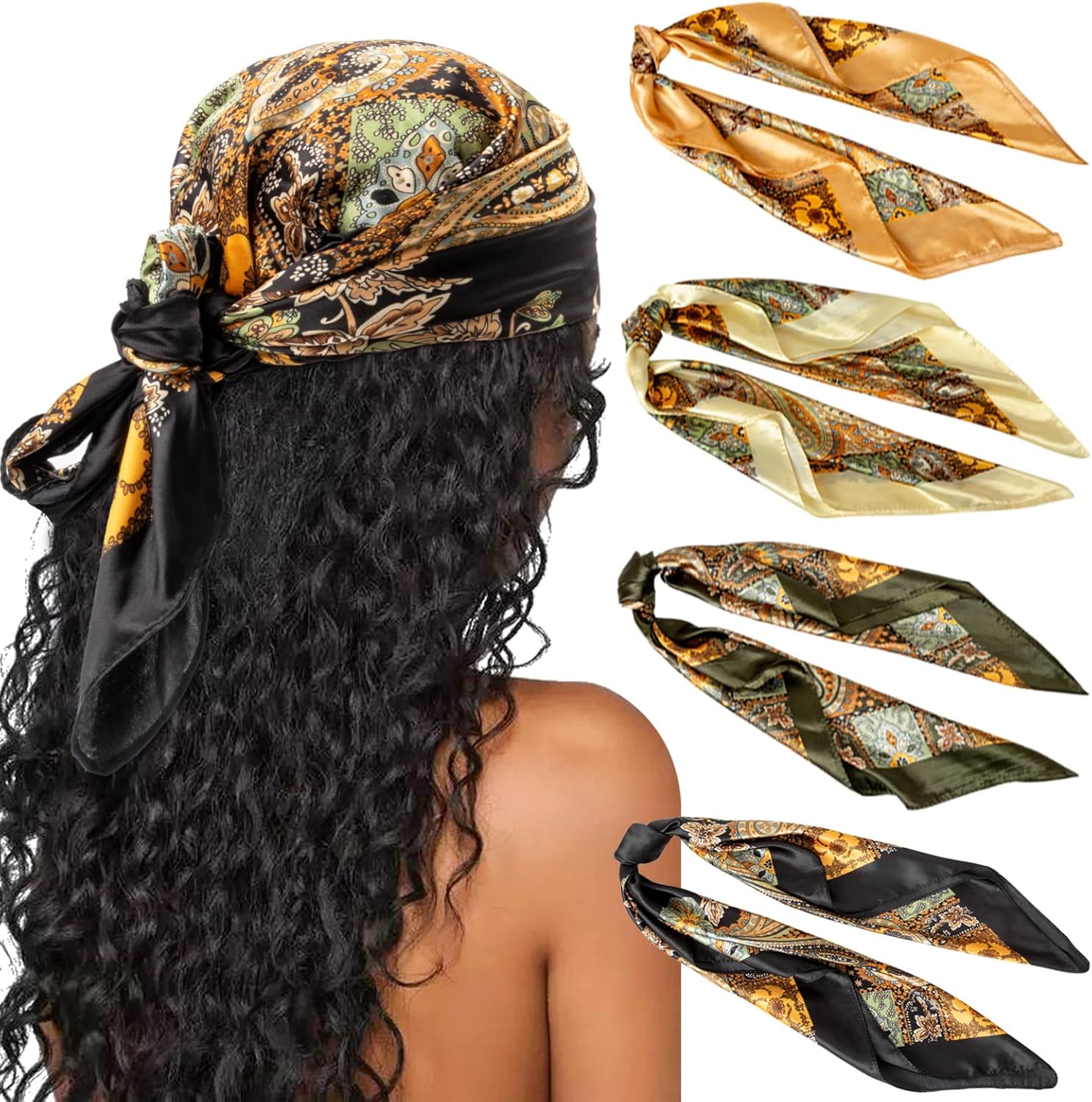 DRESHOW 4 Pack Large Square Satin Headscarves Hair Scarves Silk Accessories Classic Patterned Squares Beach Bandanas for Women