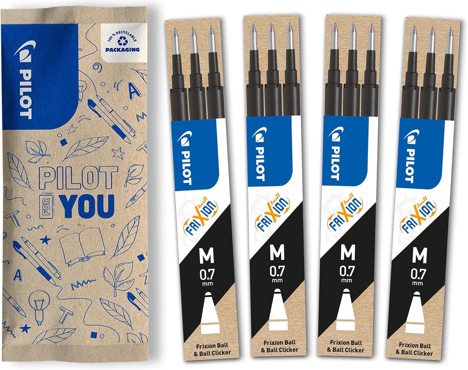 PILOT - Pack of 4 sets of 3 Refills 0,7 - Erasable ink for Frixion - Medium - Black