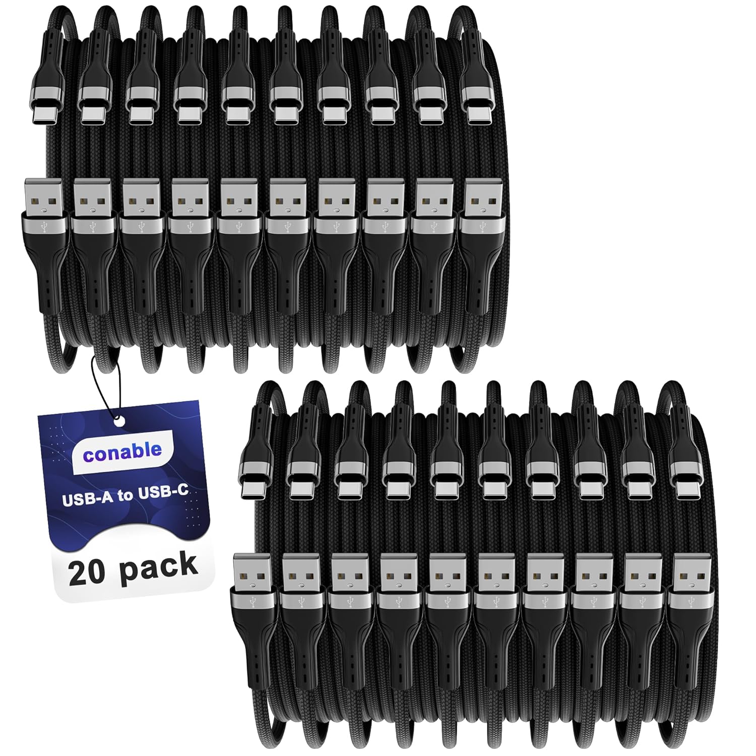 USB A to USB C Cable (1 FT, 20-Pack), Multi Pack Bulk Nylon USB A to C Charger Cable, 3A Fast Charging for iPhone 15/15 Pro /15 Plus /15 Pro Max, iPad Mini/Air/Pro, Galaxy S23, LG