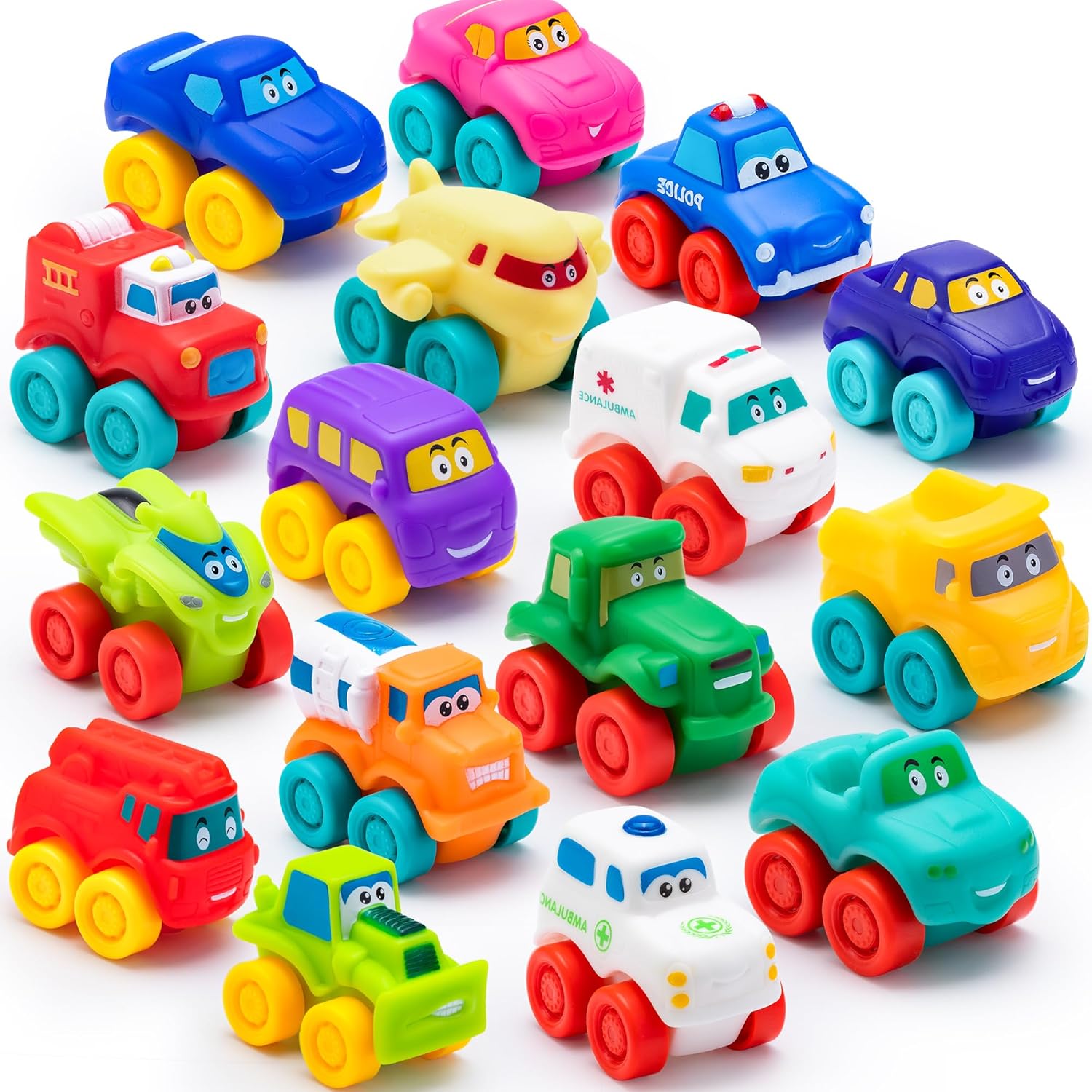 JOYIN 16 Pcs Cartoon Cars, Soft Rubber Toy Car Set, Mini Toy Vehicles, Bath Toy Car for Toddlers, Gift for Boys and Girls Birthday, Summer Beach and Pool Activity, Party Favors for Kids