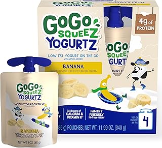 GoGo squeeZ yogurtZ Banana, 3 oz. (4 Pouches) - Kids Snacks Made from Real Yogurt & Fruit - Pantry Friendly Snack, No Fridge Needed - No Preservatives - Kosher Certified - Gluten Free Snacks for Kids