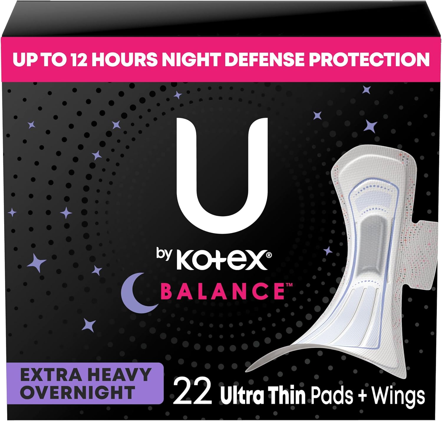 U by Kotex Balance Overnight Ultra Thin Pads with Wings, Extra Heavy Absorbency, 22 Count