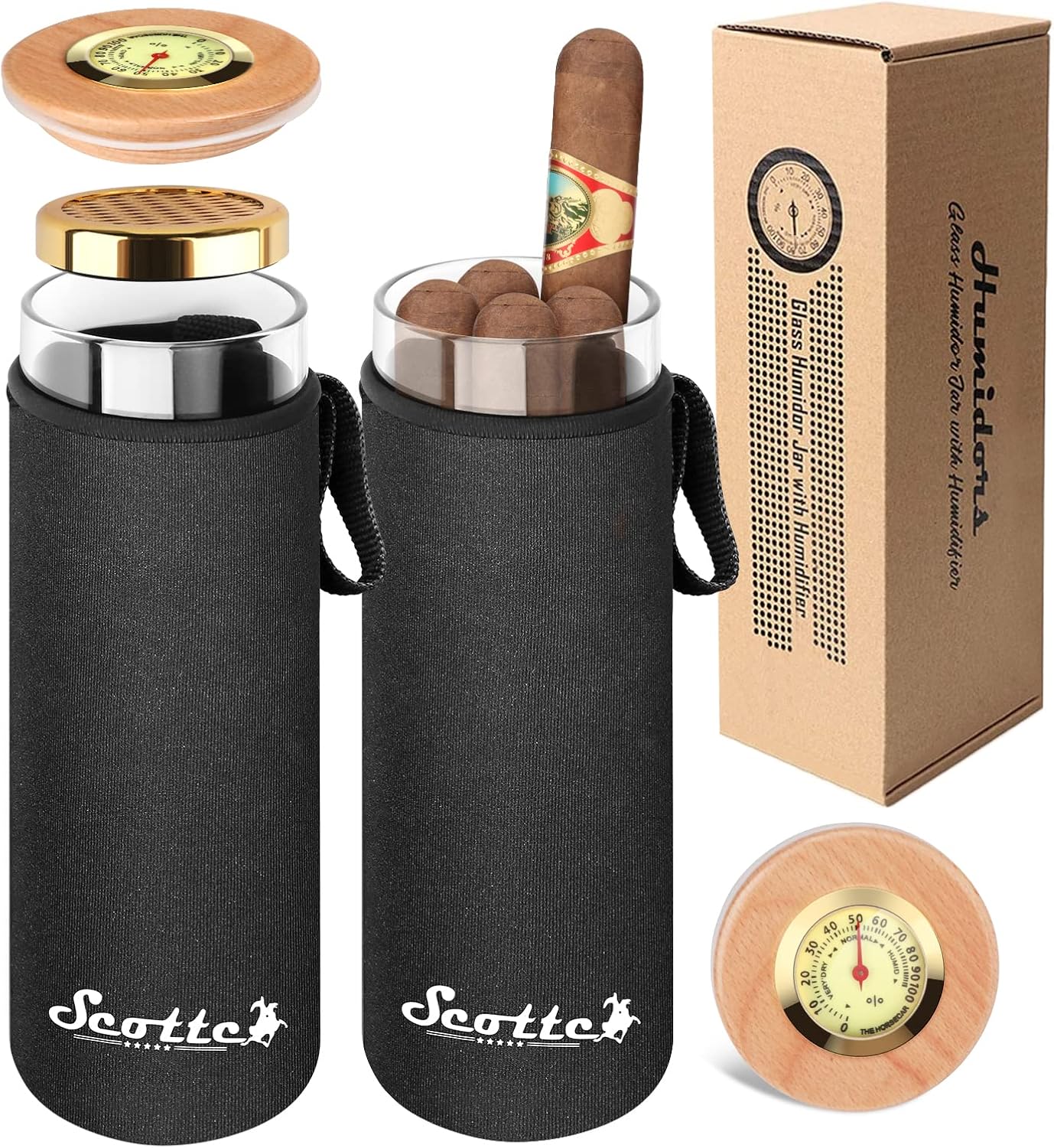 Scotte Cigar Case Humidor Gift Box Cigars jar humidifiers-Cigar Hygrometer humidifier-Travel Cigar Tube for 4 to 5 Cigars (Black)