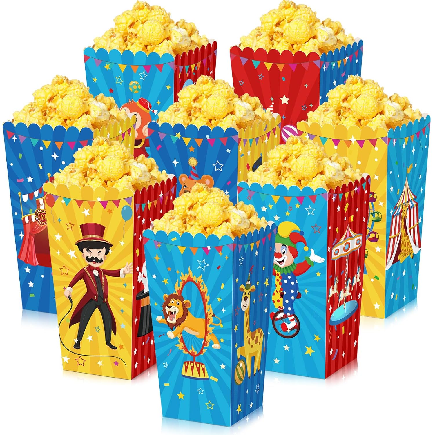 Tiamon 32 Pcs Carnival Party Supplies Popcorn Boxes Circus Theme Popcorn Containers Disposable 6 Inch Animals Paper Boxes Oil Proof Snack Box for Carnival Circus Birthday Party Favors Decors