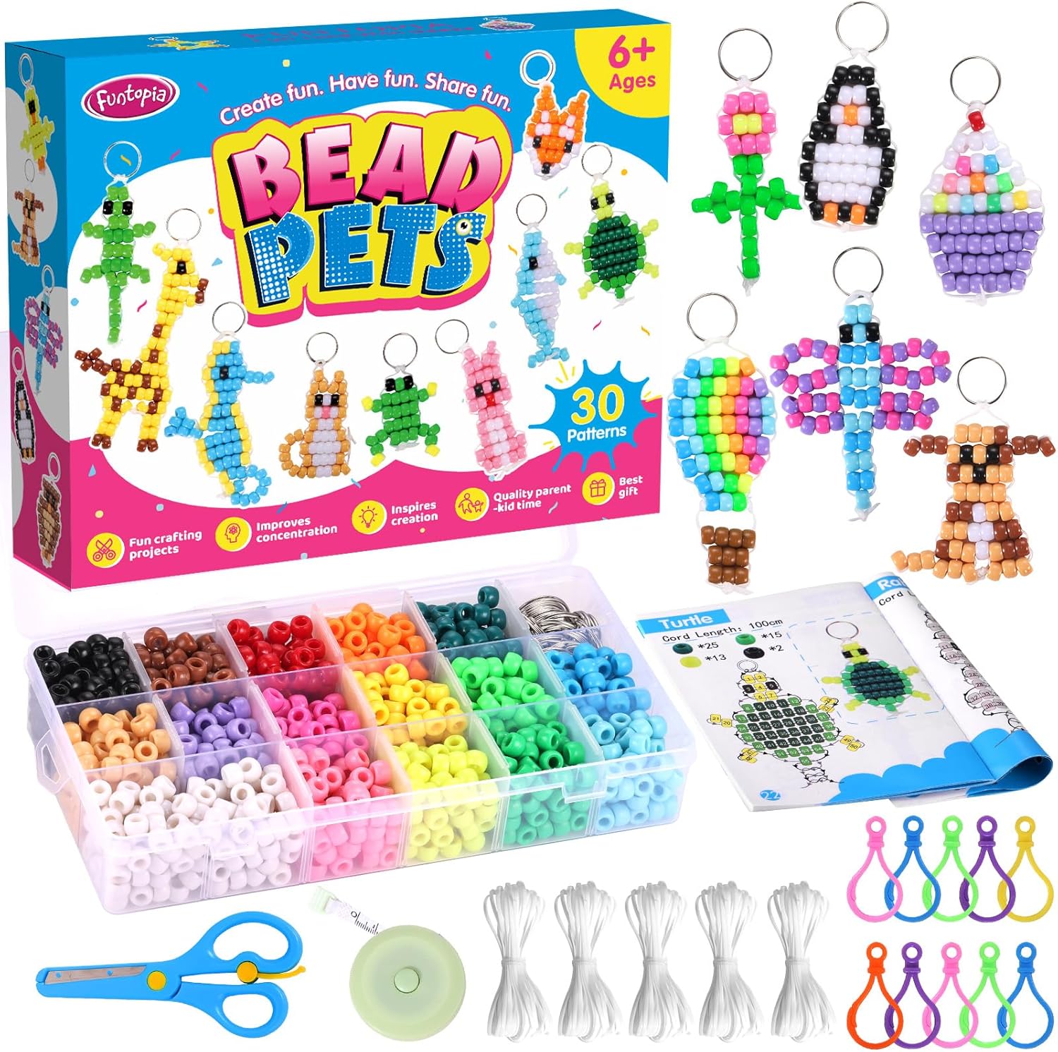 Funtopia Beads for Crafts, Pony Keychain Making Kit, Pets Art Crafts for Kids Beginners, Birthday Party DIY Craft for Girls Boys (1500 Beads, 30 Designs)