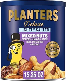 PLANTERS Deluxe Lightly Salted Mixed Nuts, Almonds, Cashews, Brazil Nuts, Pistachios and Pecans, Party Snacks, Plant-Based Protein, Quick Snack for Adults, After School Snack, 15.25oz Canister