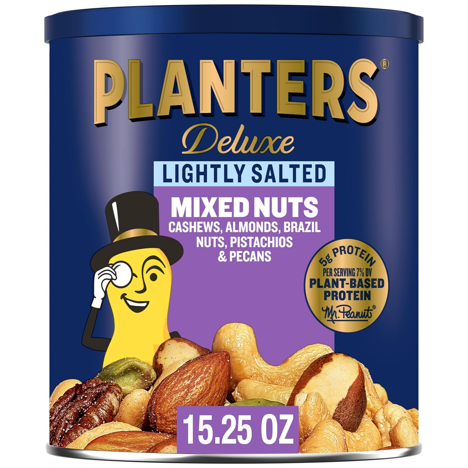 PLANTERS Deluxe Lightly Salted Mixed Nuts, Almonds, Cashews, Brazil Nuts, Pistachios and Pecans, Party Snacks, Plant-Based Protein, Quick Snack for Adults, After School Snack, 15.25oz Canister