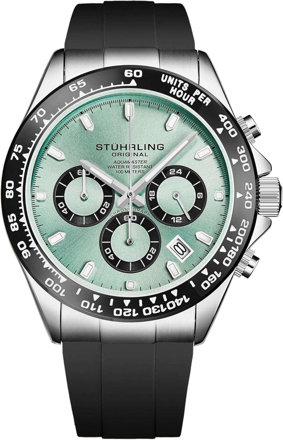 Stuhrling Aquamaster Quartz Chronograph Watch Screw Down Crown Luminous Hands, Date and 24 Hour Subdial Black Rubber Band for Men 42mm Case Water Resistance