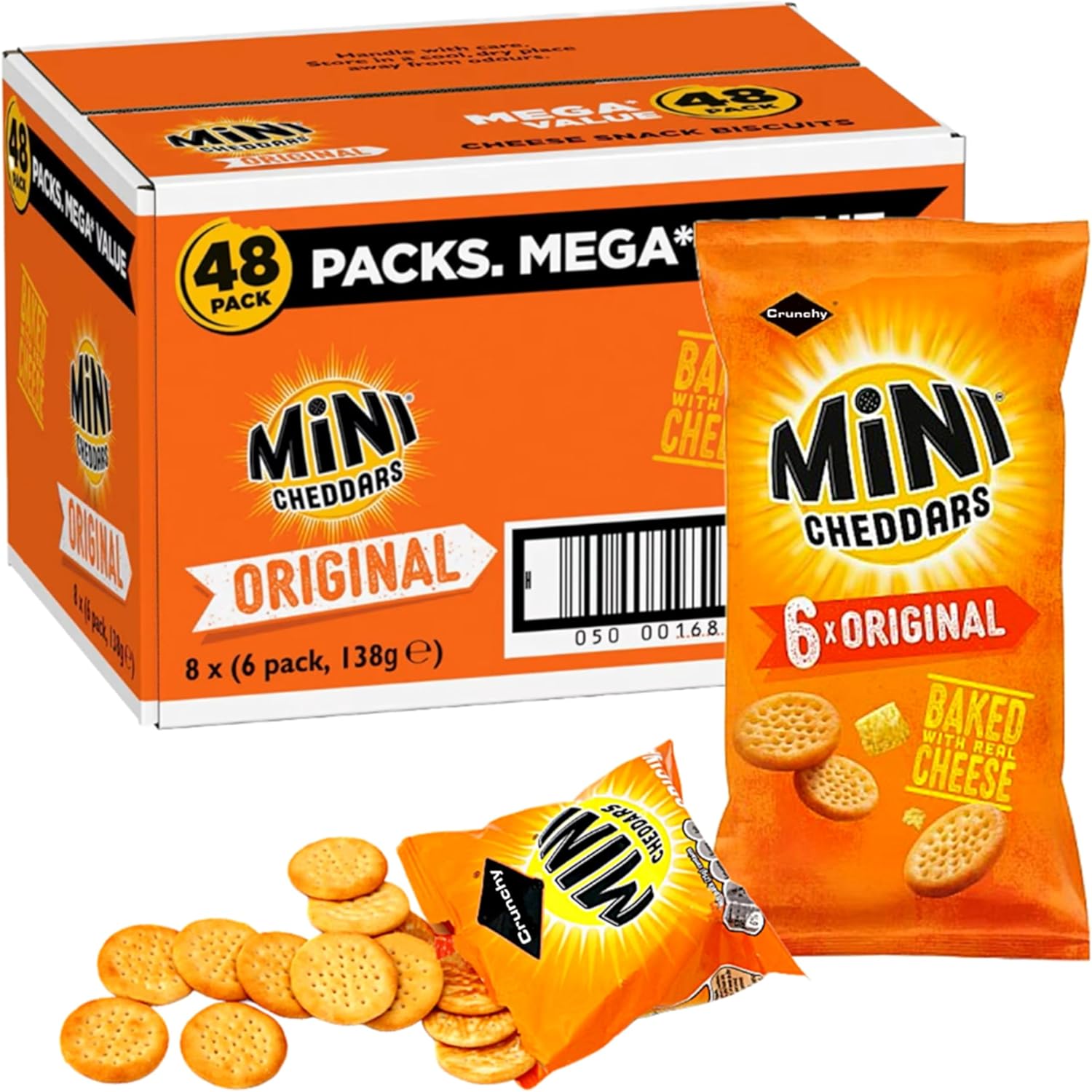 Mini Cheddars Snacks Bulk - Mega Value Box of 48 x 23g Original Cheddar Biscuits Baked with Real Cheese. Bar Snacks for Home Pub, Birthday Party Food or Lunchbox Snacks with Topline Card.