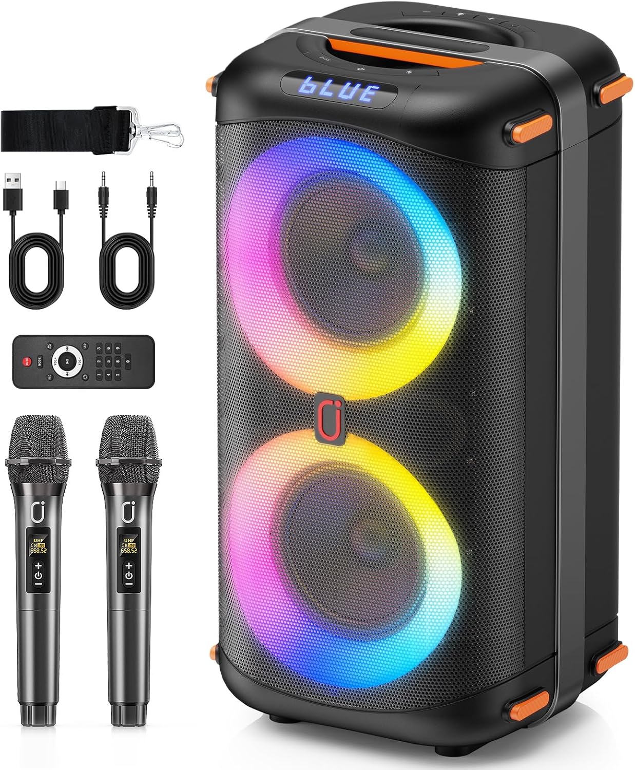 Karaoke Machine with 2 Wireless Microphones, Portable Bluetooth Karaoke Speaker for Adults, Big Party PA System with Dicso Lights & Dual 6.5" Stage Subwoofers for Home Outdoor, Ideal Gifts for All
