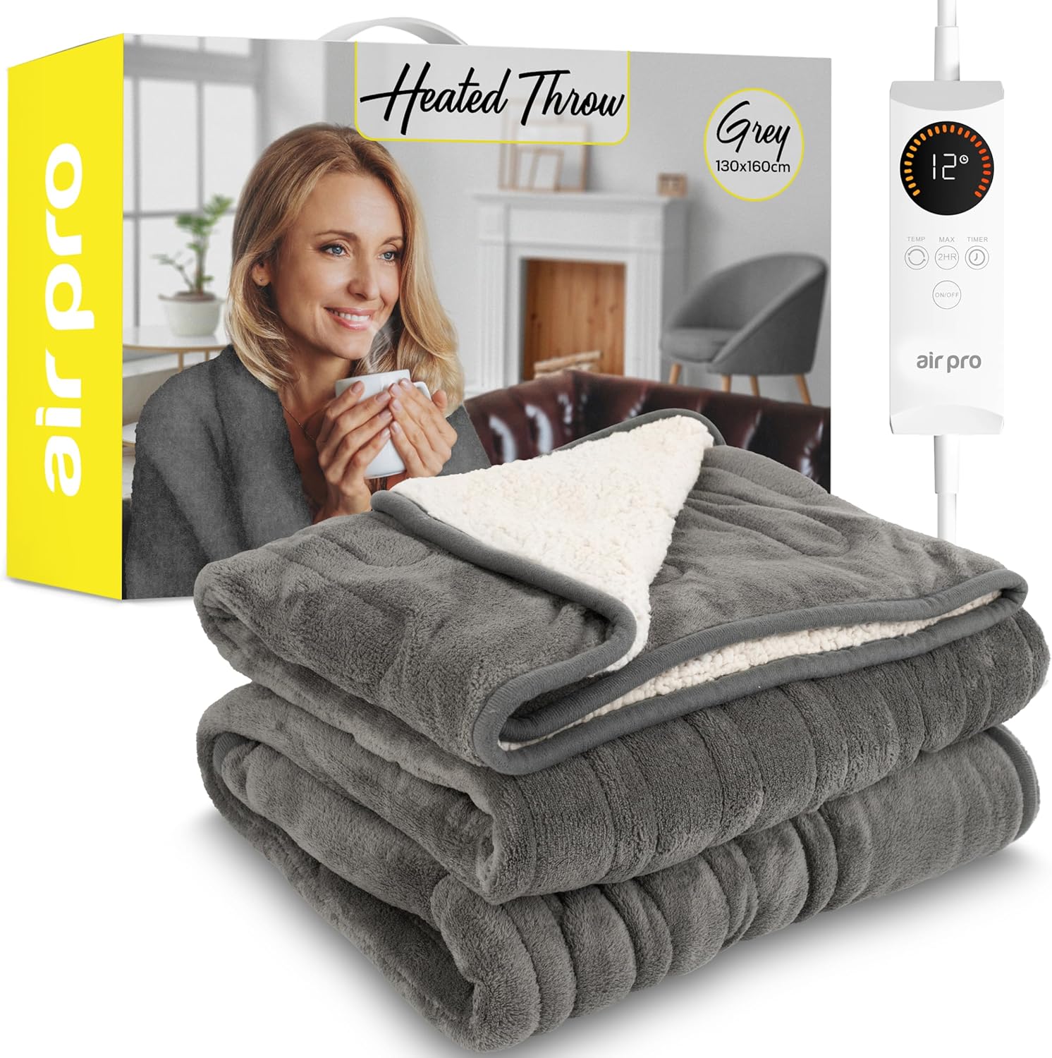 Air Pro Heated Throw - Electric Blanket - Digital Controller - Timer up to 9 hours, 6 Heat Settings, Auto Shutoff - Machine Washable - Single 130x160cm - Grey Shearling