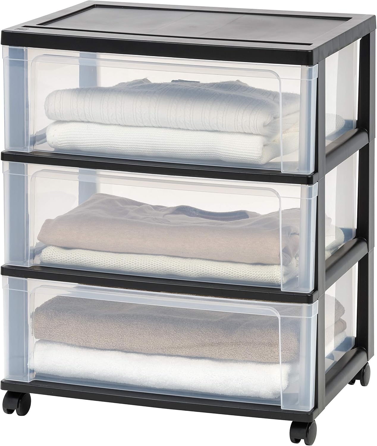 IRIS USA 3 Drawer Wide Storage Drawer Cart with Caster Wheels, Plastic Rolling Dresser for Home Closet Bedroom Bathroom Office Laundry Kitchen Craft Room Nursery and School Dorm, Black/Clear