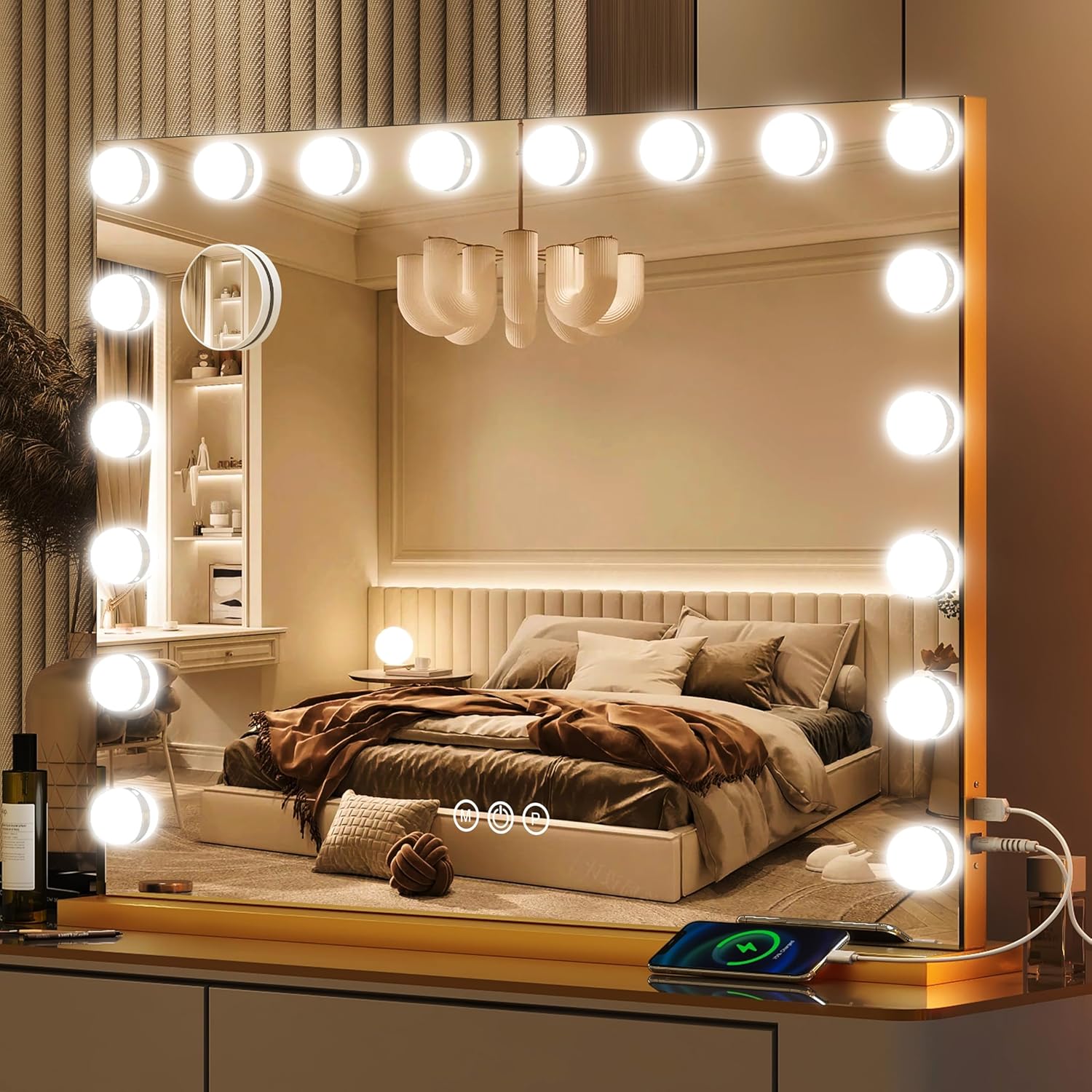 Gold Vanity Mirror with Lights, 32" x 24" Large Lighted Vanity Mirror with Dimmable 3 Modes, LED Makeup Mirror, 10X Magnification, USB Charging Port, Tabletop or Wall-Mounted