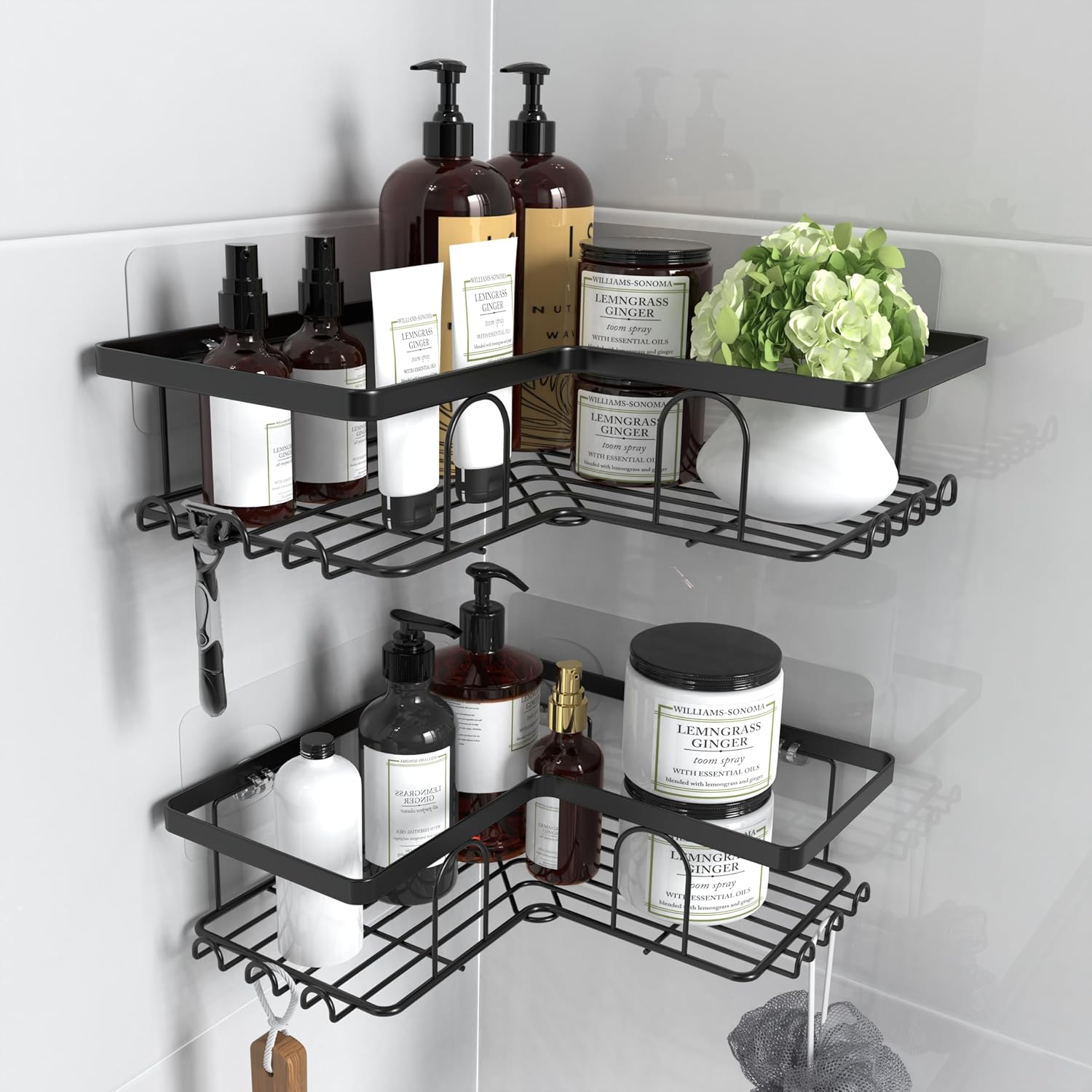 Malajess Corner Shower Caddy, Self Adhesive Wall Mounted Shower Shelf with Hooks, Large Capacity, No Drilling, Rustproof Shower Organiser Bathroom Storage Rack, 2 Pack(Black)