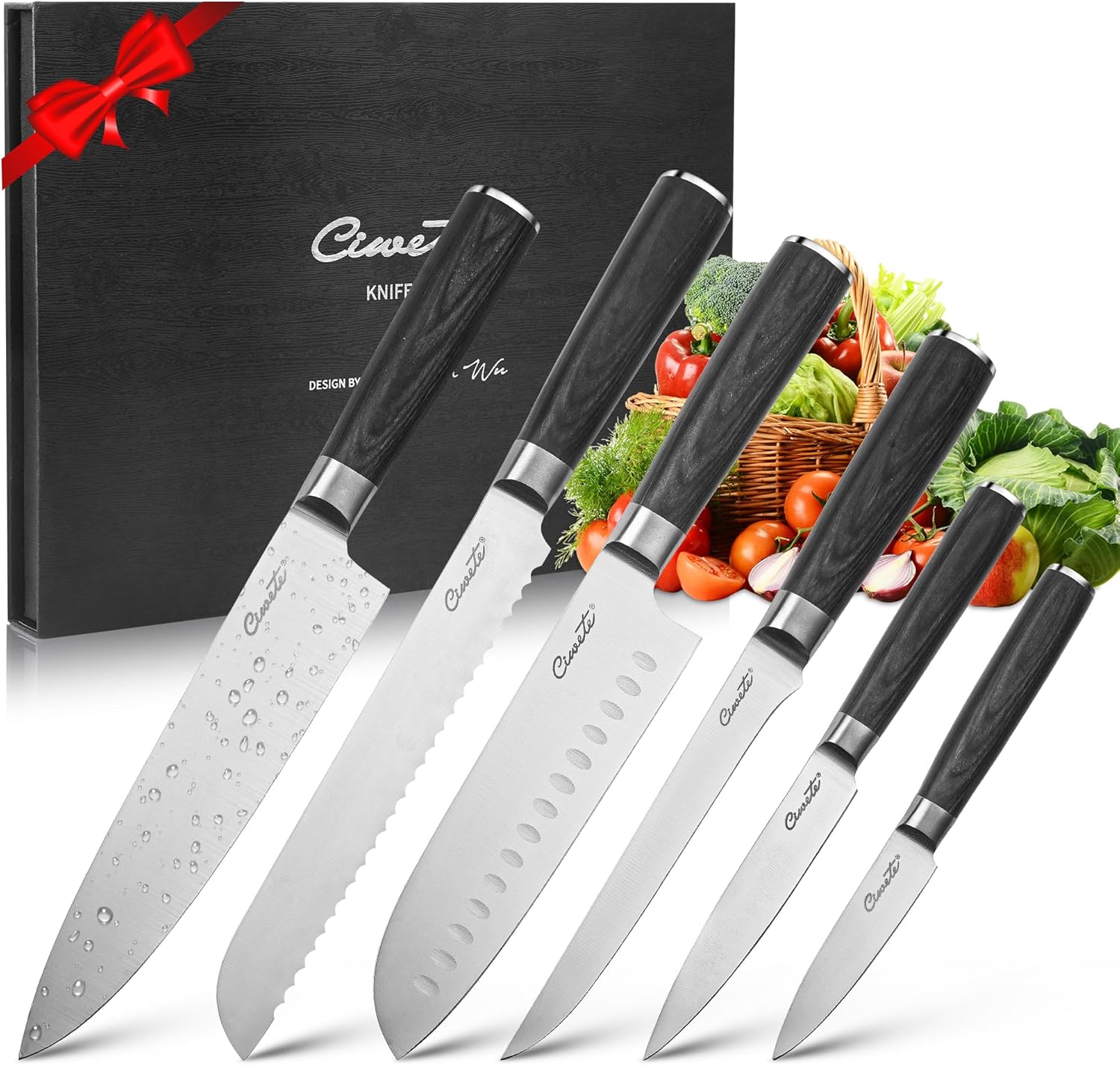 Chef Knife Set, 6 PCS Ultra Sharp Stainless Steel Kitchen Knife Set with Well Wooden Handles, Professional Kitchen Knife Set for Cooking with Gift Box