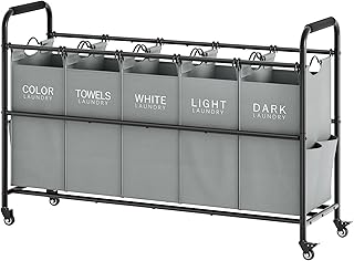 Tajsoon 5 Bag Laundry Sorter Cart, Laundry Hamper 5 Section with Heavy Duty Rolling Lockable Wheels, Laundry Organizer with Removable Bags for Dirty Clothes Storage, Grey