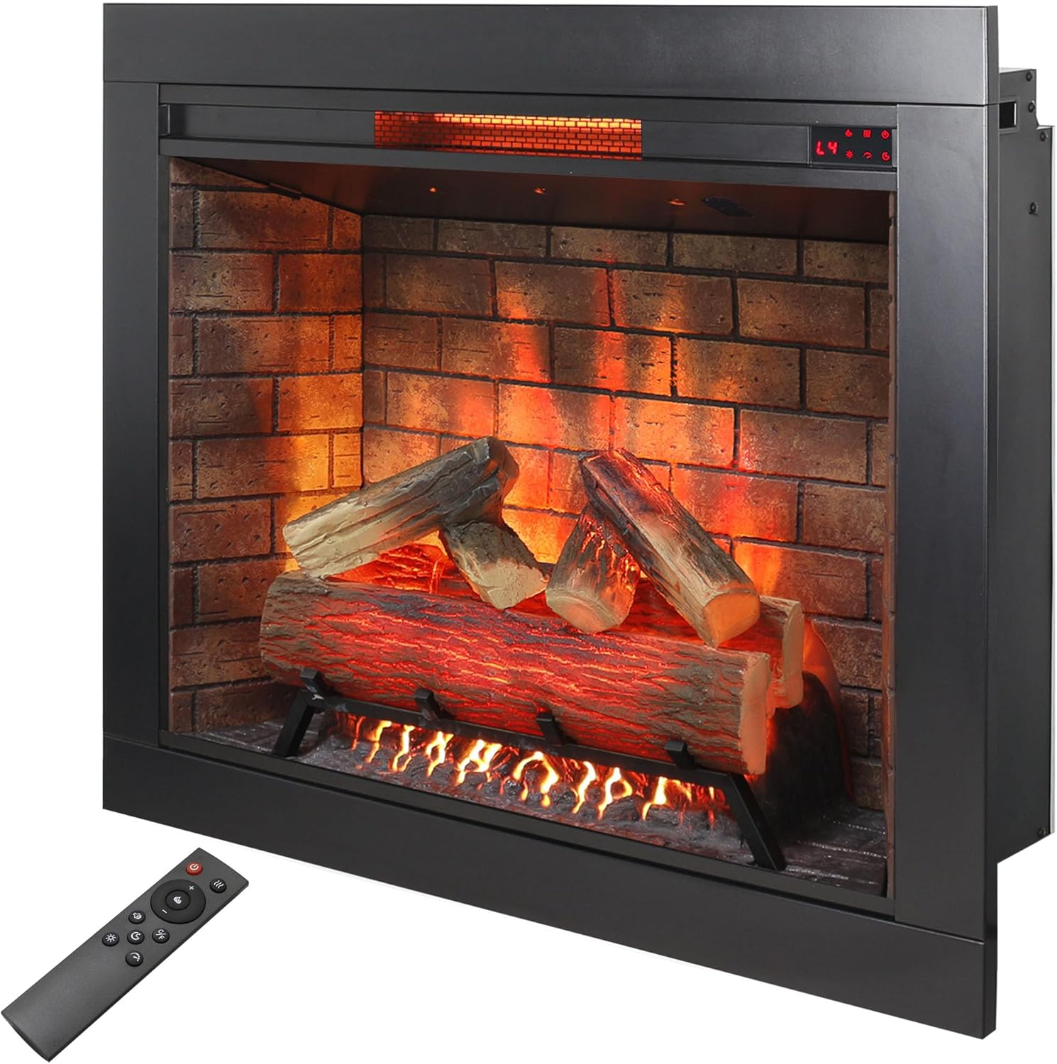 33" Electric Fireplace Insert with Real Fire Crackling Sound, Adjustable Flame & Heat, Plug-in/Hardwired, Remote Control & Timer, 1500W Fireplace Heater with Removable Trim Kit, Black