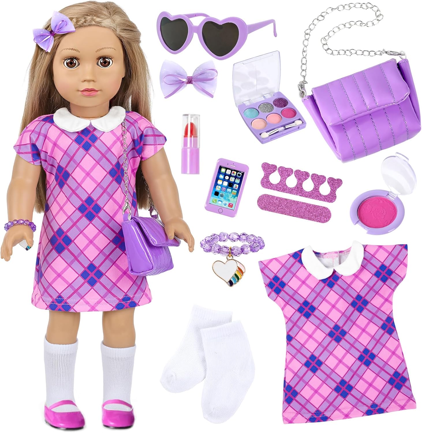 ZNTWEI American 18 Inch Doll Clothes and Makeup Accessories Playset Fit 18 Inch Doll Includes Dolls Clothes Sunglasses Phone Eye Shadow Plate Bag Lipstick Bracelet Blusher Hairpins