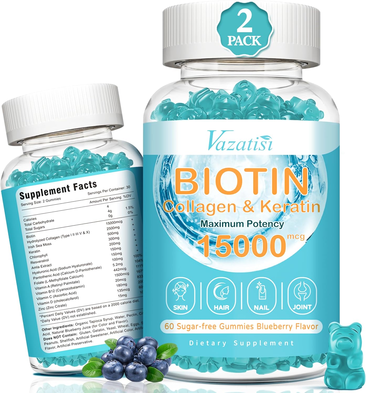 15000 mcg Biotin with Collagen Gummies, Hair Skin and Nails Gummies, Vitamin C Zinc for Women Men Muscle Joint & Immunity - Blueberry Flavor, 2 Pack 120 Ct
