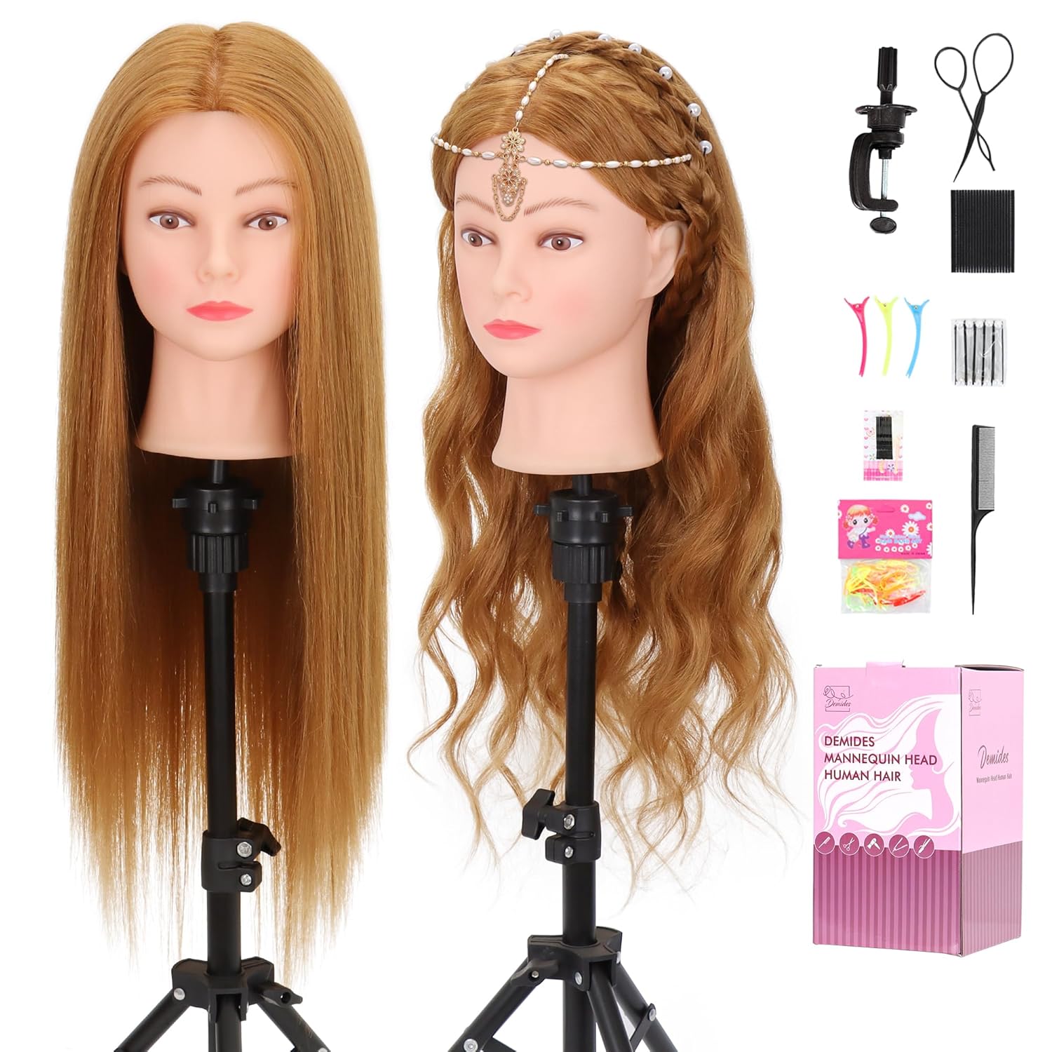 Mannequin Head with 80% Human Hair 26-28’’,Cosmetology Mannequin Practice Head with Human Hair, Doll Head for Braiding Hairstyling Cutting with Clamp Holder and Tools