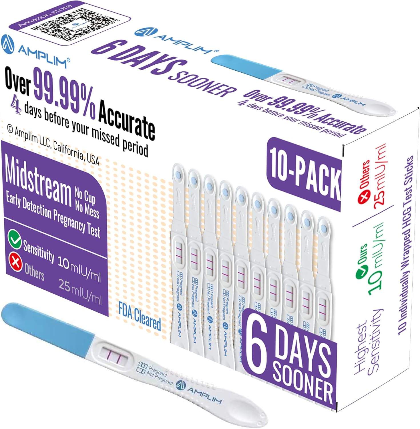 AMPLIM HCG Early Detection Pregnancy Test Bulk Stick – 6-Days Sooner, Extra Sensitive 10 MIU/mL, FSA HSA, Midstream – Mom 2-Sec Easy Home Tests, 99.99% Accurate Pregnant Test Result, ept 10-Pack
