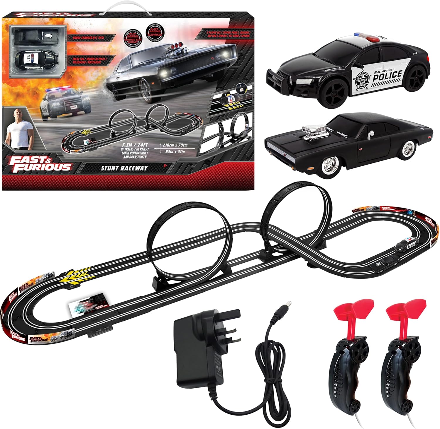 Fast & Furious Stunt Raceway Electric Racetrack Slot Car Set, 2x 1:43 Replica Cars, With 360 Loops & Lap Counter, Track 7.3M / 24FT Racetrack For Kids, UK 3-Pin Plug