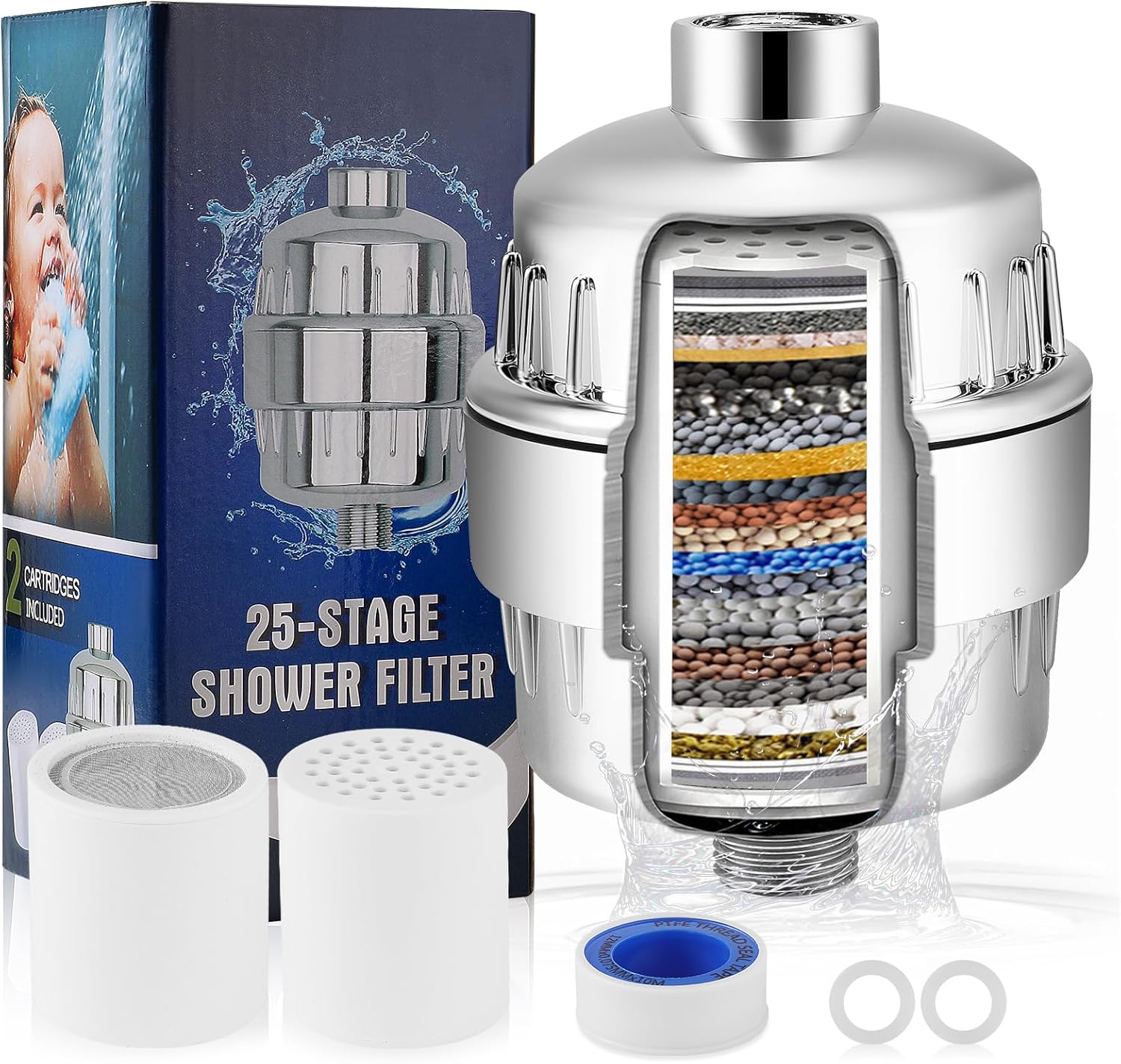 25 Stage Shower Filter with Vitamin C for Hard Water, Shower Head Filter with Replaceable Multi-Stage Filter Cartridges, Hard Water Filter Shower Head for Removing Chlorine Heavy Metal