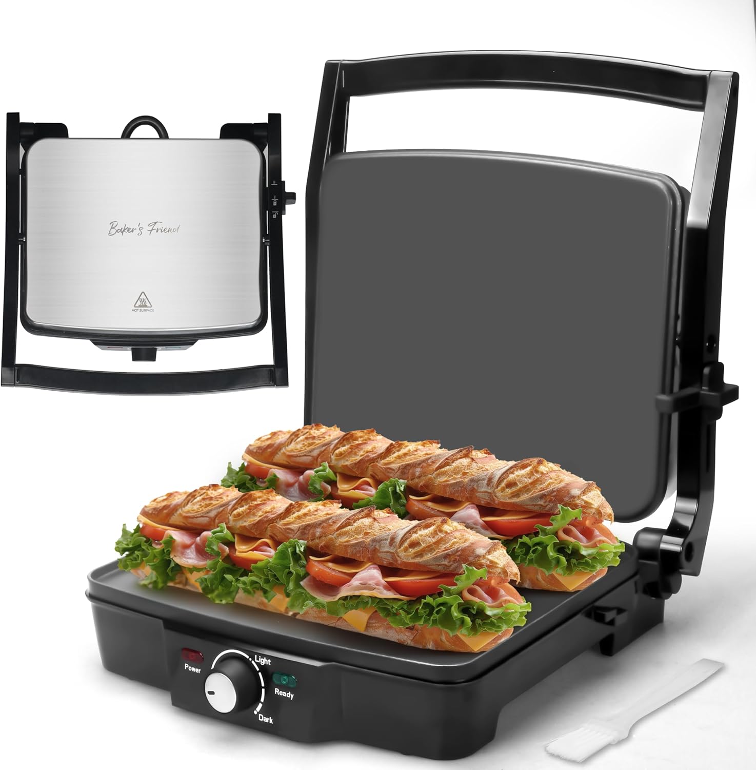 Baker's Friend Panini Press Sandwich Maker, Griddle Press, Electric Griddle Indoor, Panini Maker Cast Iron, Family Gifts for Home, Stainless Steel, Browning Control, 4-Slices, UK Plug