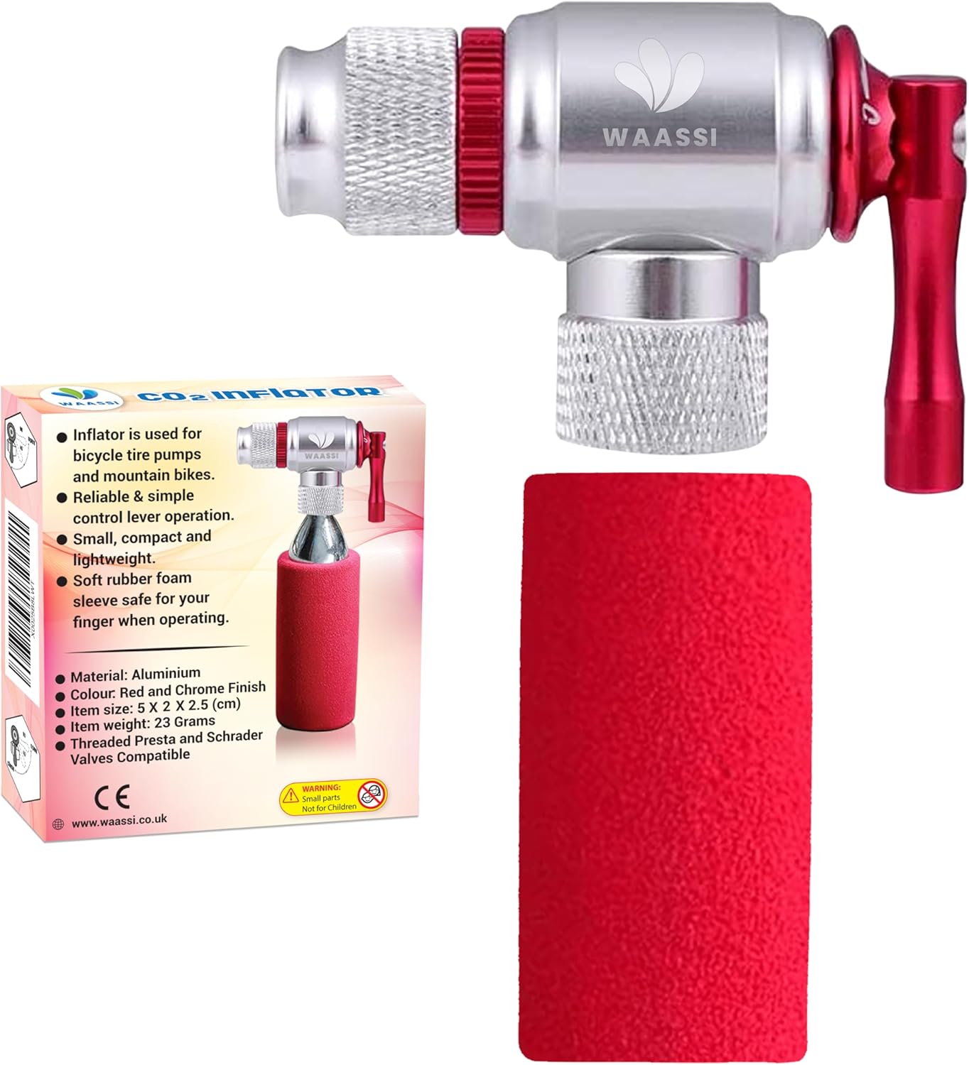 WAASSI Co2 Inflator Cyclaing – Presta and Schrader Compatible, CNC Aluminum Pump with Insulated Sleeve Small Tools – Tire Pump for Road & Mountain Bicycle and Bikes – Co2 Cartridges