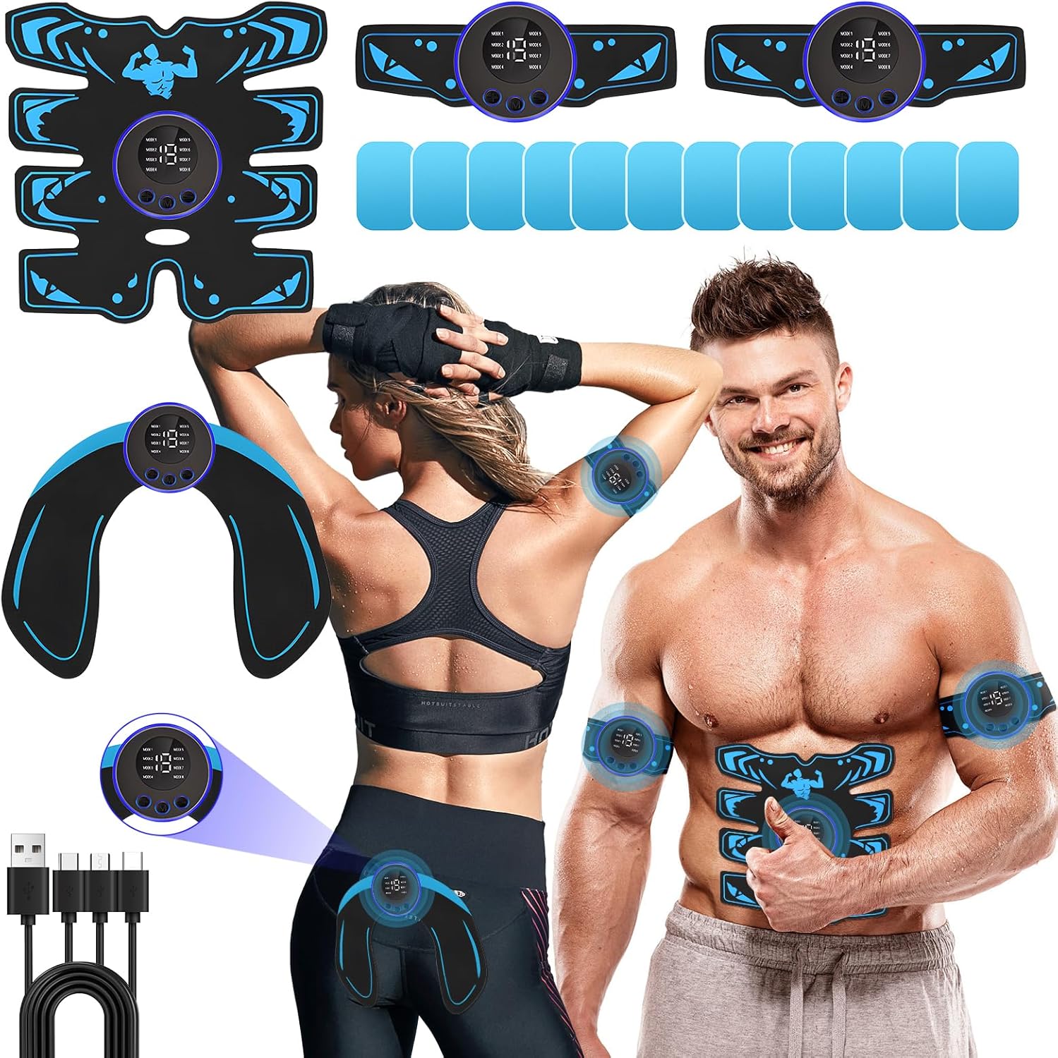 EMS Muscle Stimulator, ABS Trainer Muscle Stimulator, 8 Modes 19 Intensities, Portable Abdominal Trainer, Electronic Workout Home Fitness Device, Abdominal Muscle Trainer, for Waist Leg Arm Training