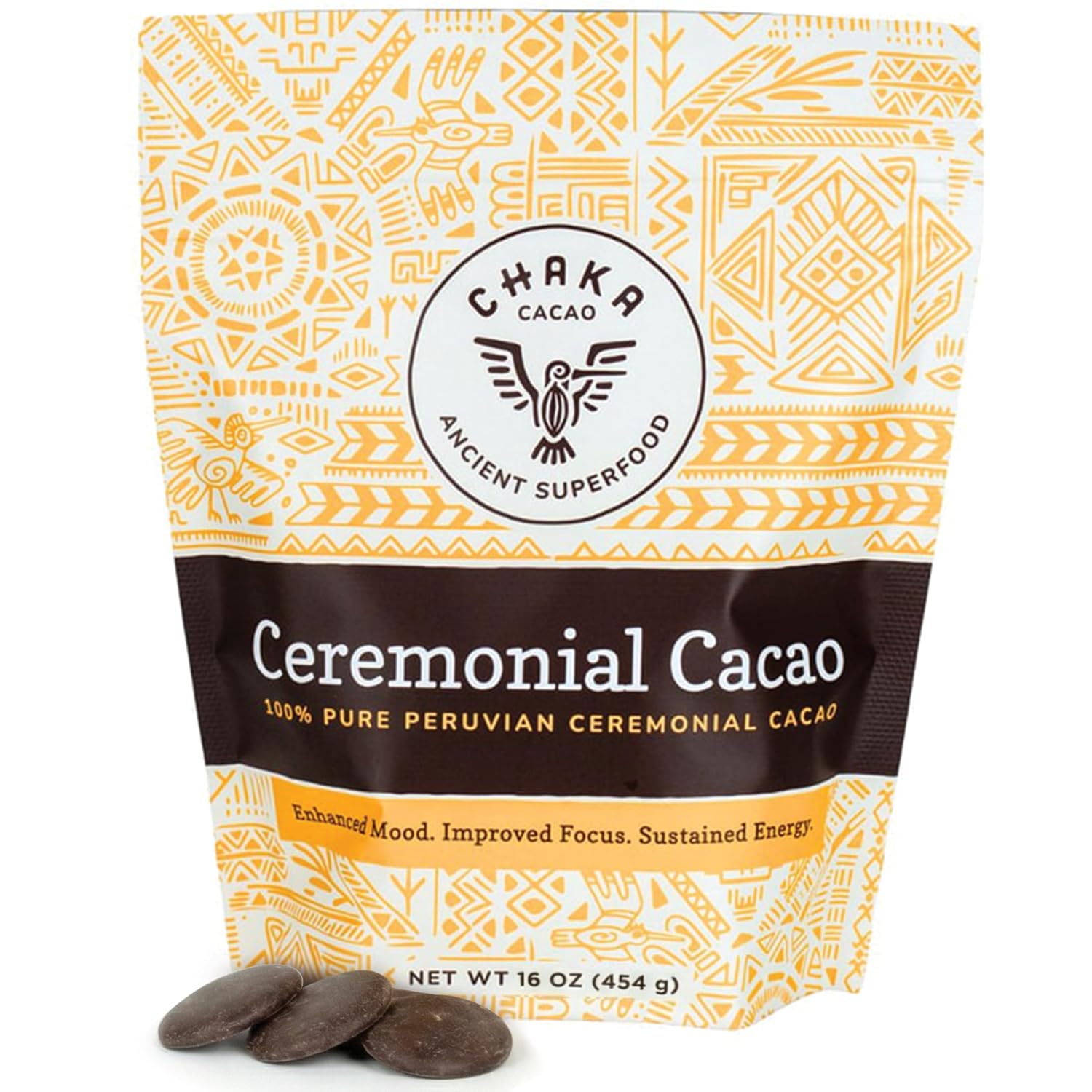 ChakaCacao | Premium Ceremonial Cacao – 100% Pure, Minimally Processed, Rich in Theobromine, Flavonoids & Anandamide – 1 lb Easy-Melt Discs for Enhanced Mood, Focus & Sustained Energy