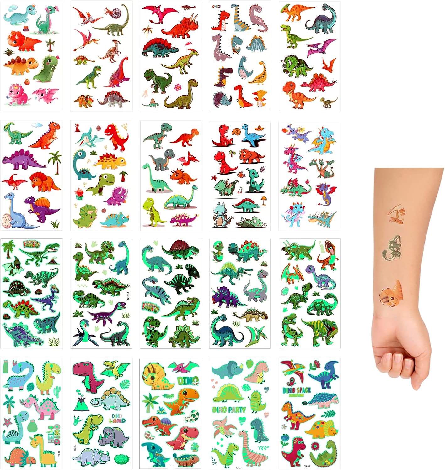 SAVITA 20 Sheets Kids Temporary Tattoos, Luminous Dinosaur Tattoo Stickers Waterproof Cartoon Fake Tattoos for Kids Toddlers Boys Dinosaur Birthday Party Favors Supplies