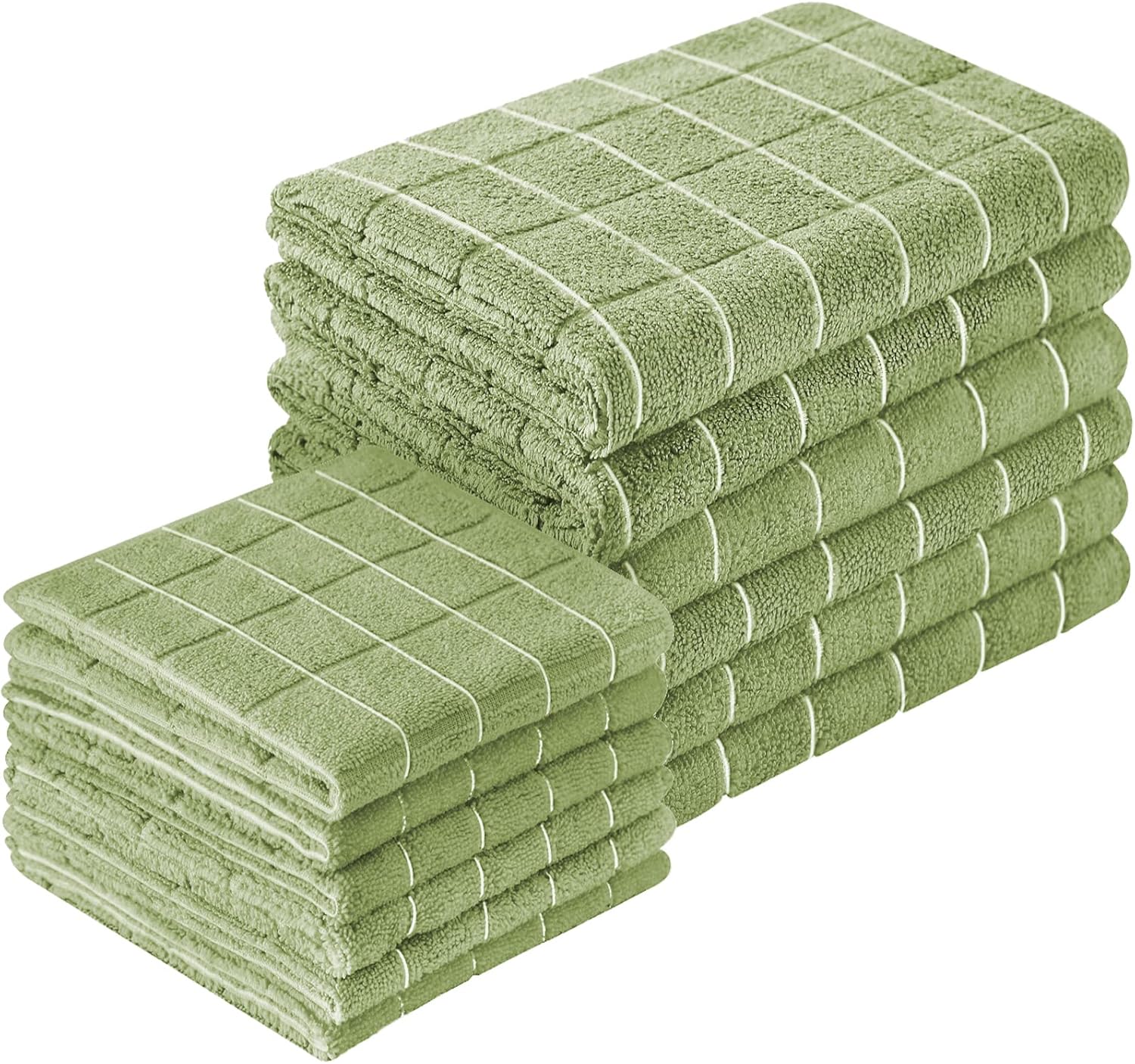 Puomue Microfiber Kitchen Towels and Dishcloths Set, 26 X 18 Inch and 12 X 12 Inch, Set of 12 Bulk Lint Free Dish Towels for Drying Dishes, Olive Green