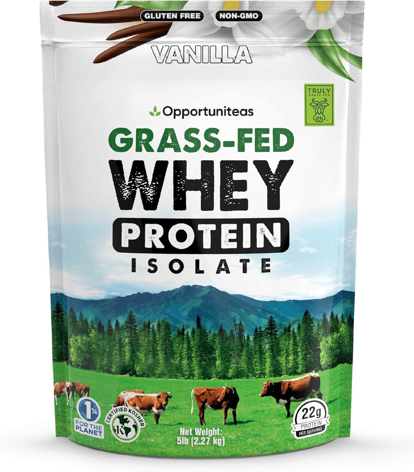 Opportuniteas Grass Fed Vanilla Whey Isolate Protein Powder – 22g Protein, Heavy-Metal Tested, Organic Cane Sugar & Organic Vanilla Flavor, Non-GMO, Hormone-Free, Sourced from Ireland, 5lb