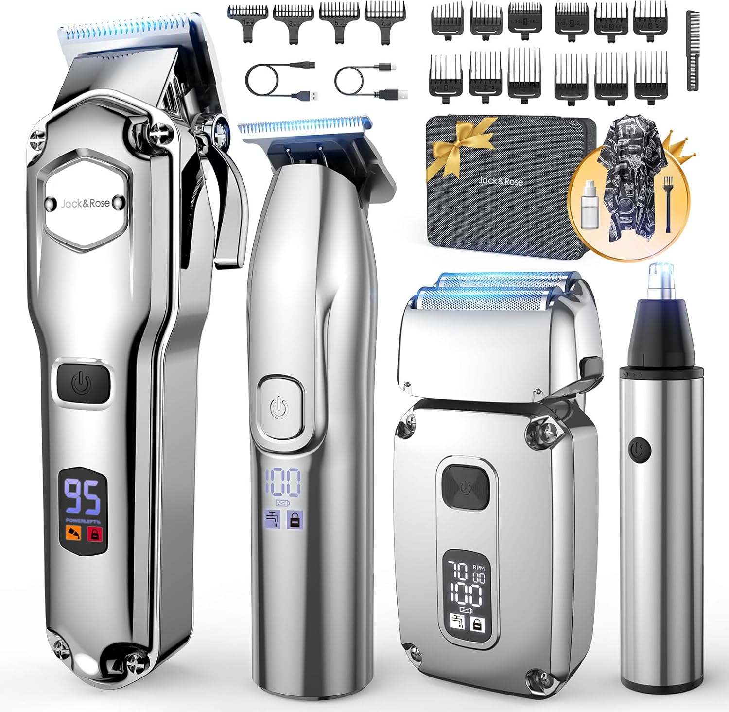 Jack & Rose Hair Clippers Men and Trimmer Set,Cordless Clippers for Men Haircut,Beard Trimmer and Shaver,Professional Grooming kit/Barber Kit for Nose,Body