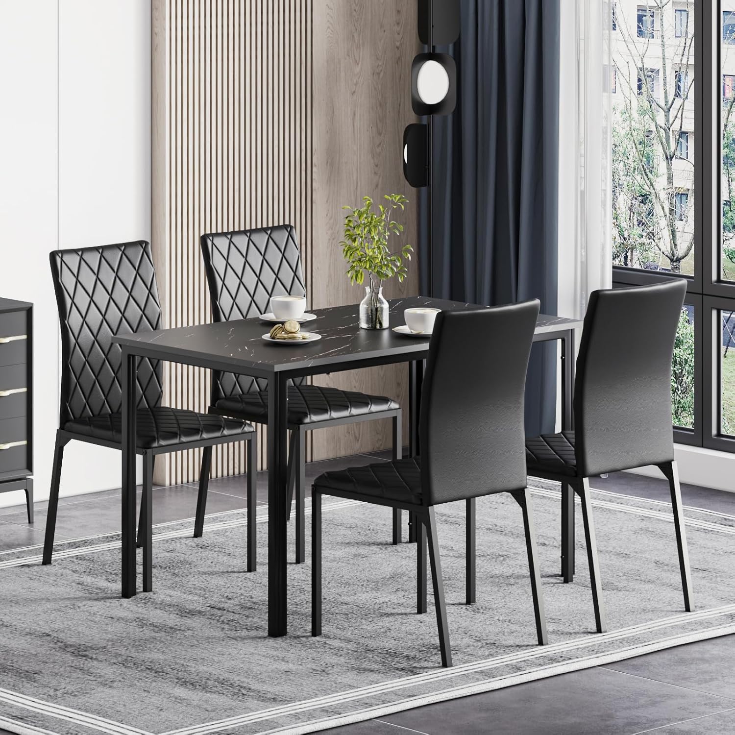 Dining Table and Chairs Set of 4, Modern Dining Table Set Kitchen Furniture, Marble Effect Dining Table with 4 PU Leather Dining Chairs, 120CM Dining Room Set for Home Kitchen (Black Table & Chair)