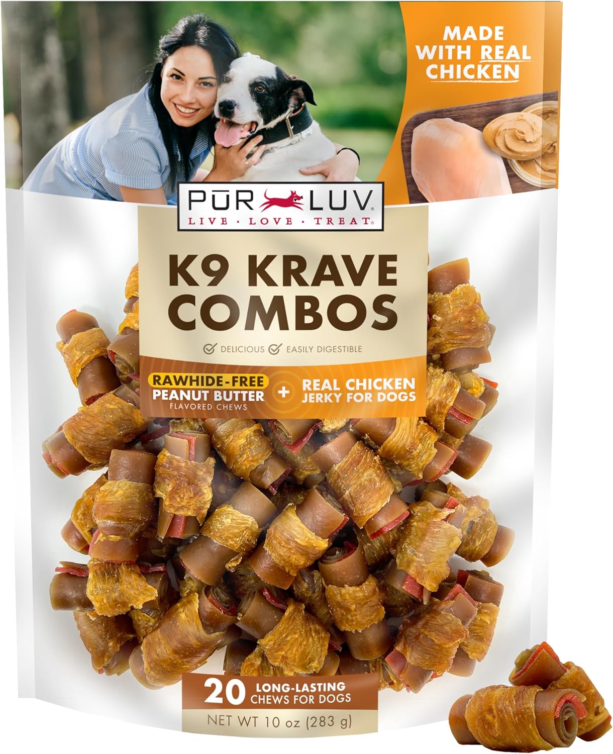 Pur Luv Dog Treats, K9 Kraves Combo Rawhide Free Bone Dog Treat, Peanut Butter and Chicken Flavor, Made with Real Peanut Butter and Chicken, 20 Count, Easily Digestible, Long-Lasting, High Protein