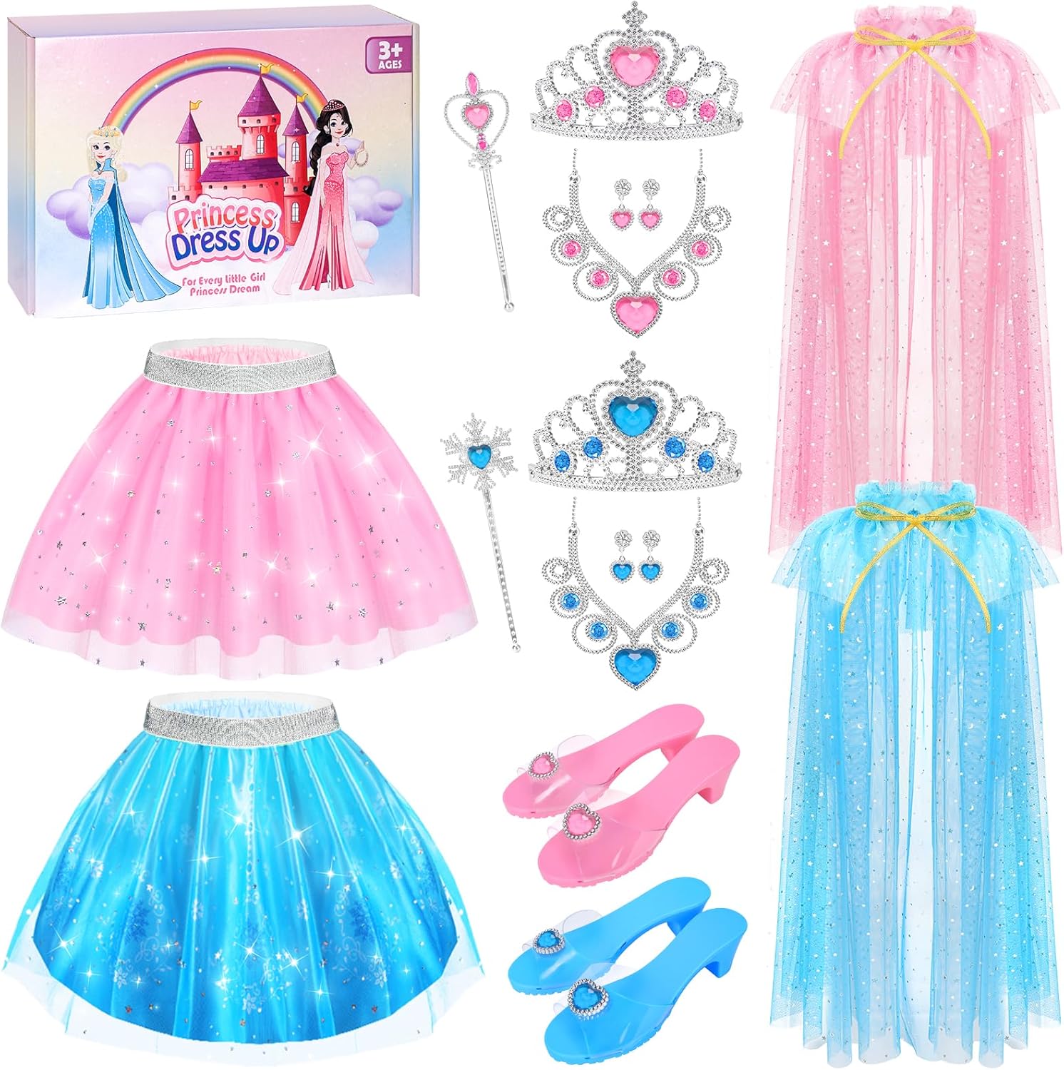 Princess Dress Up Clothes for Little Girls Toddlers, Princess Costume Set with Princess Cape, Tutu, Crown, Shoes, Play Jewelry, Kids Pretend Play & Dress Up Princess Toys & Gifts for Girls Toddlers