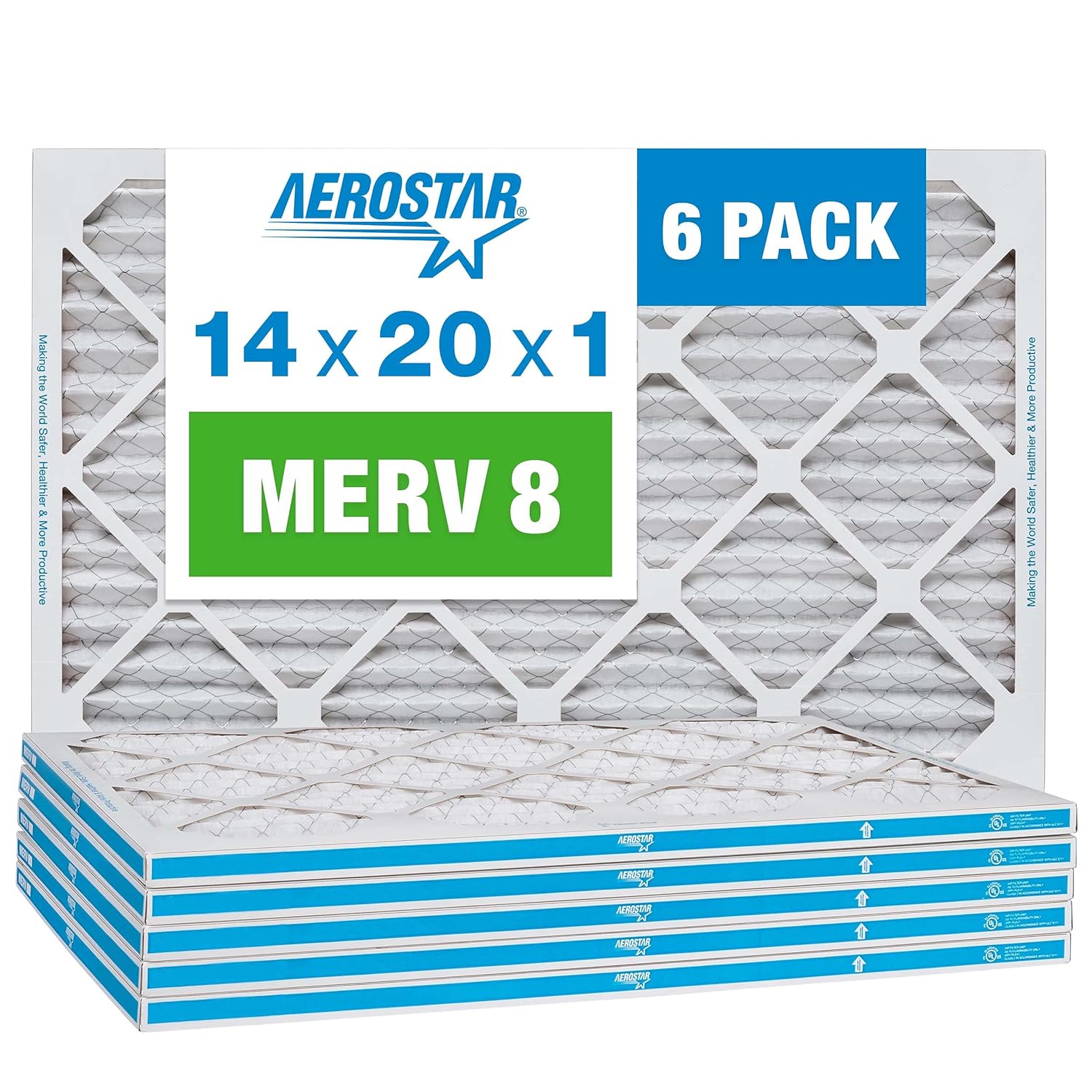Aerostar 14x20x1 MERV 8 - 6 Count - High Efficiency Pleated HVAC, Furnace & Air Conditioner Filters - Removes Dust, Lint, Mold & Allergy-Causing Pollen