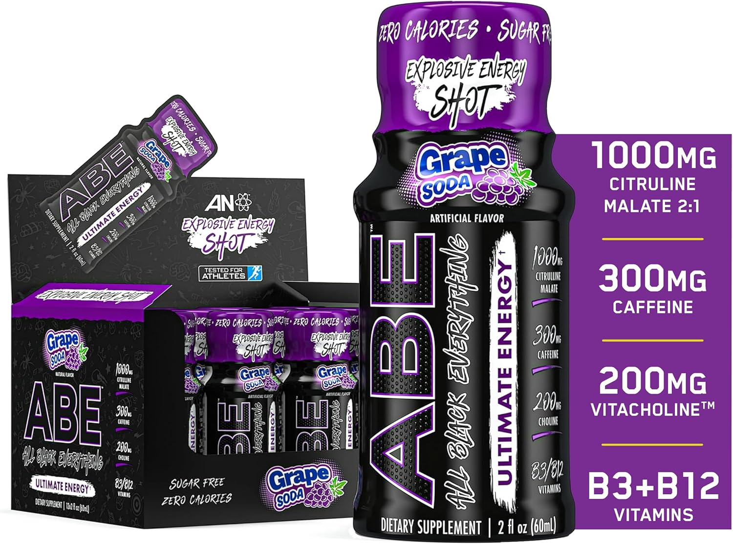 All Black Everything Energy Shots | 12 Pack | 300mg Caffeine | Grape Soda | Zero Sugar | Energy Focus Supplement | Nootropic Blend for Gym or Work